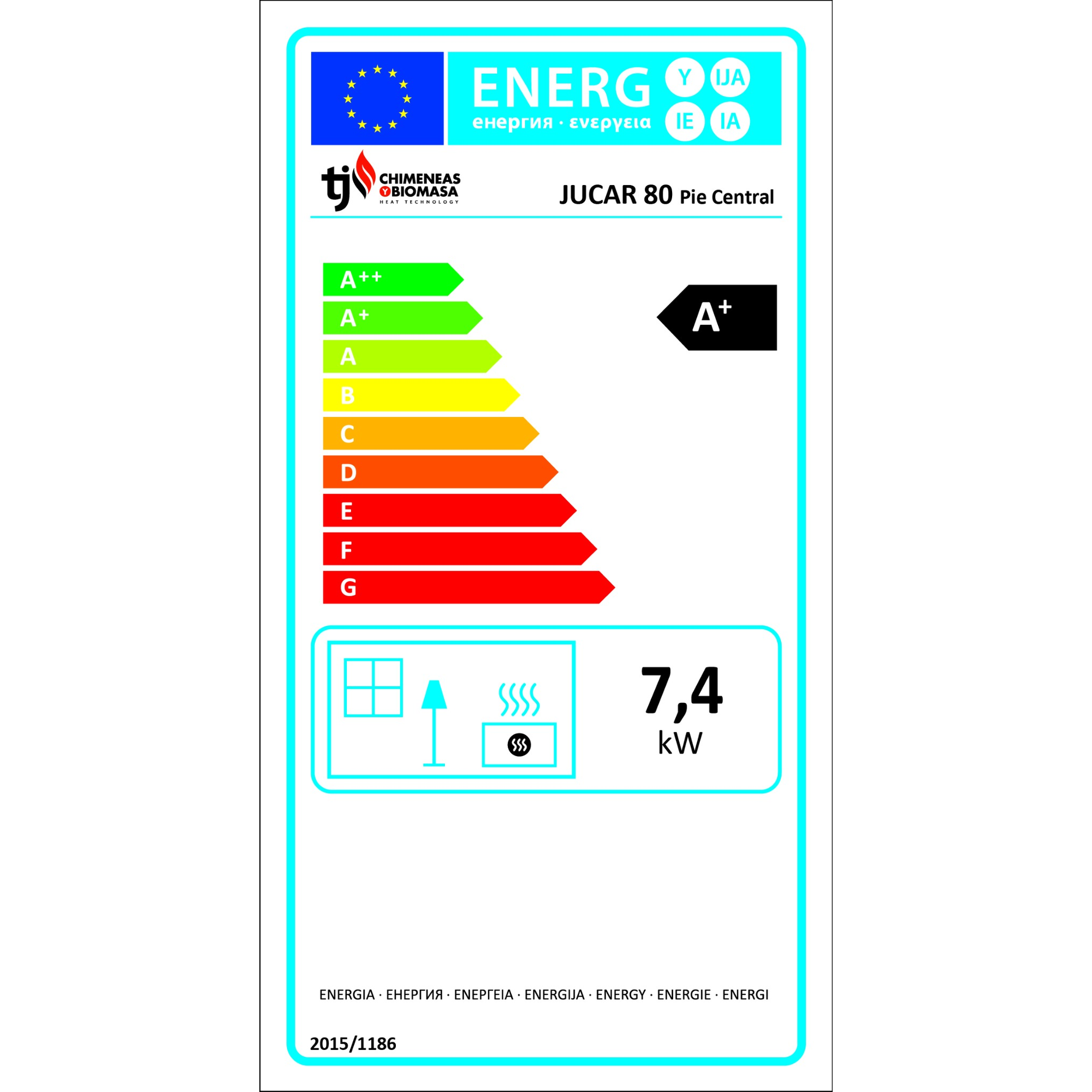 Etiqueta de eficiencia energética para una chimenea. Fondo blanco.