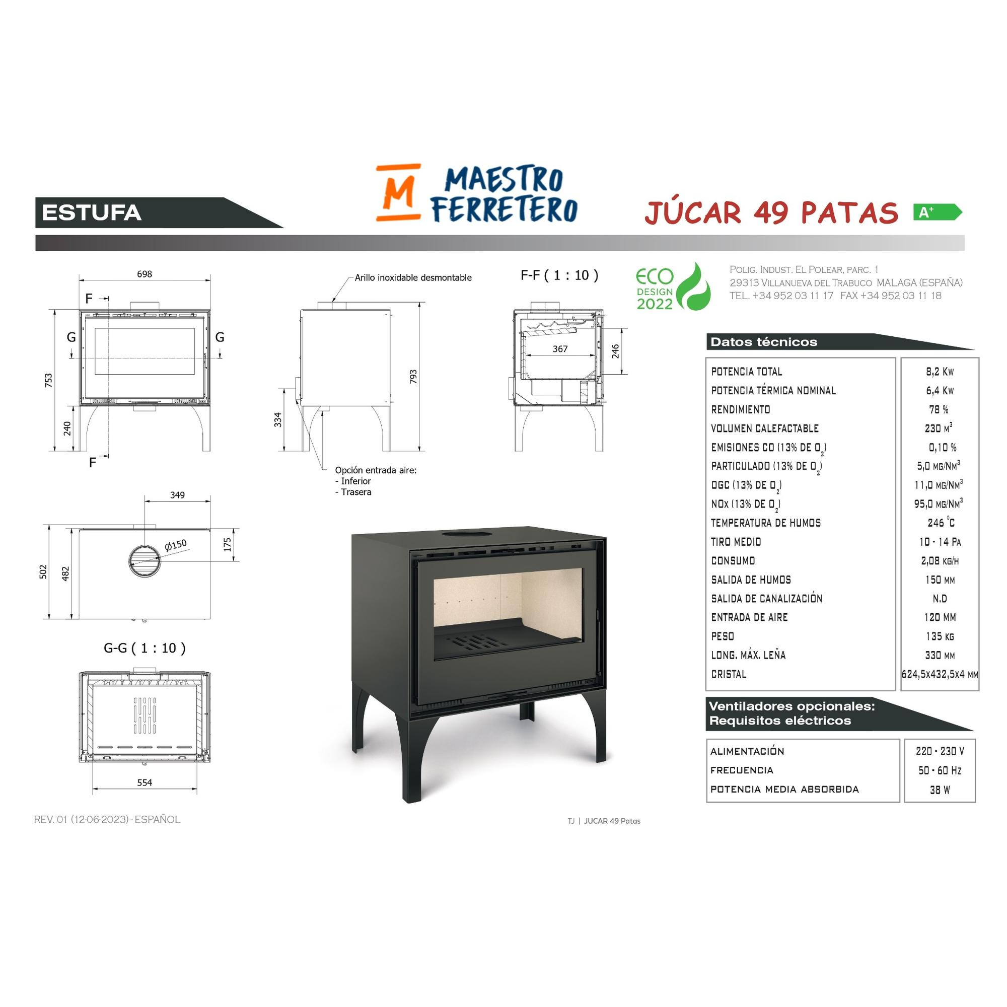 Diagrama técnico de una estufa negra con dimensiones y especificaciones.