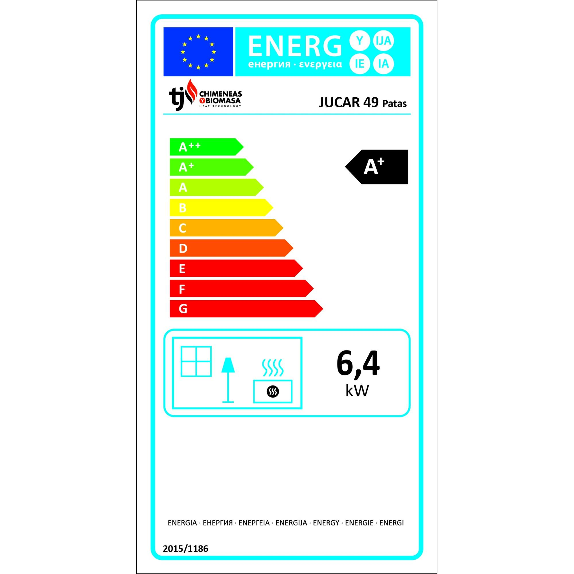 Etiqueta energética para una estufa de biomasa, que muestra la eficiencia energética e información de rendimiento, fondo blanco.