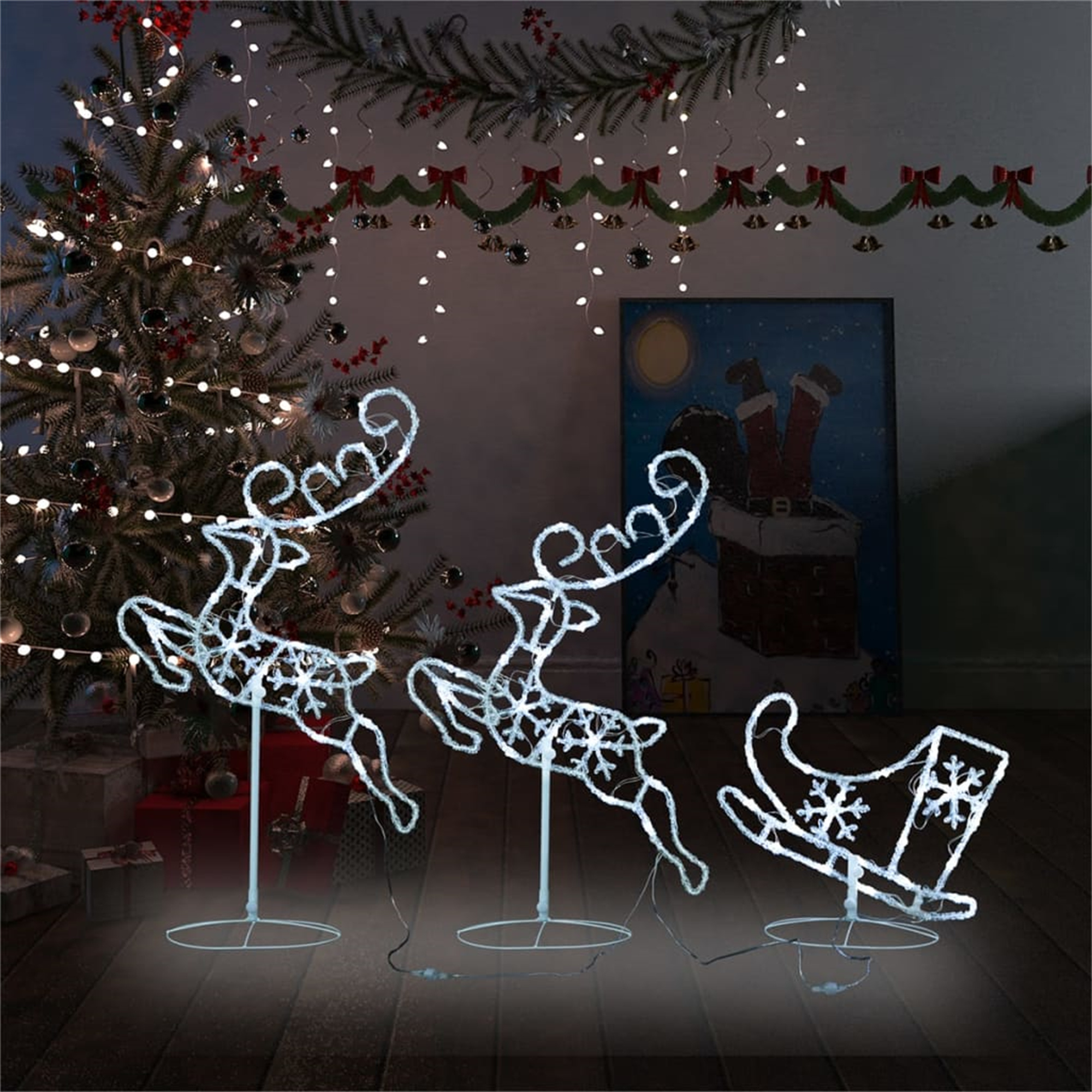 Weihnachtsdekorationen mit Rentieren und Schlitten, Baum und Weihnachtsmann-Gemälde.