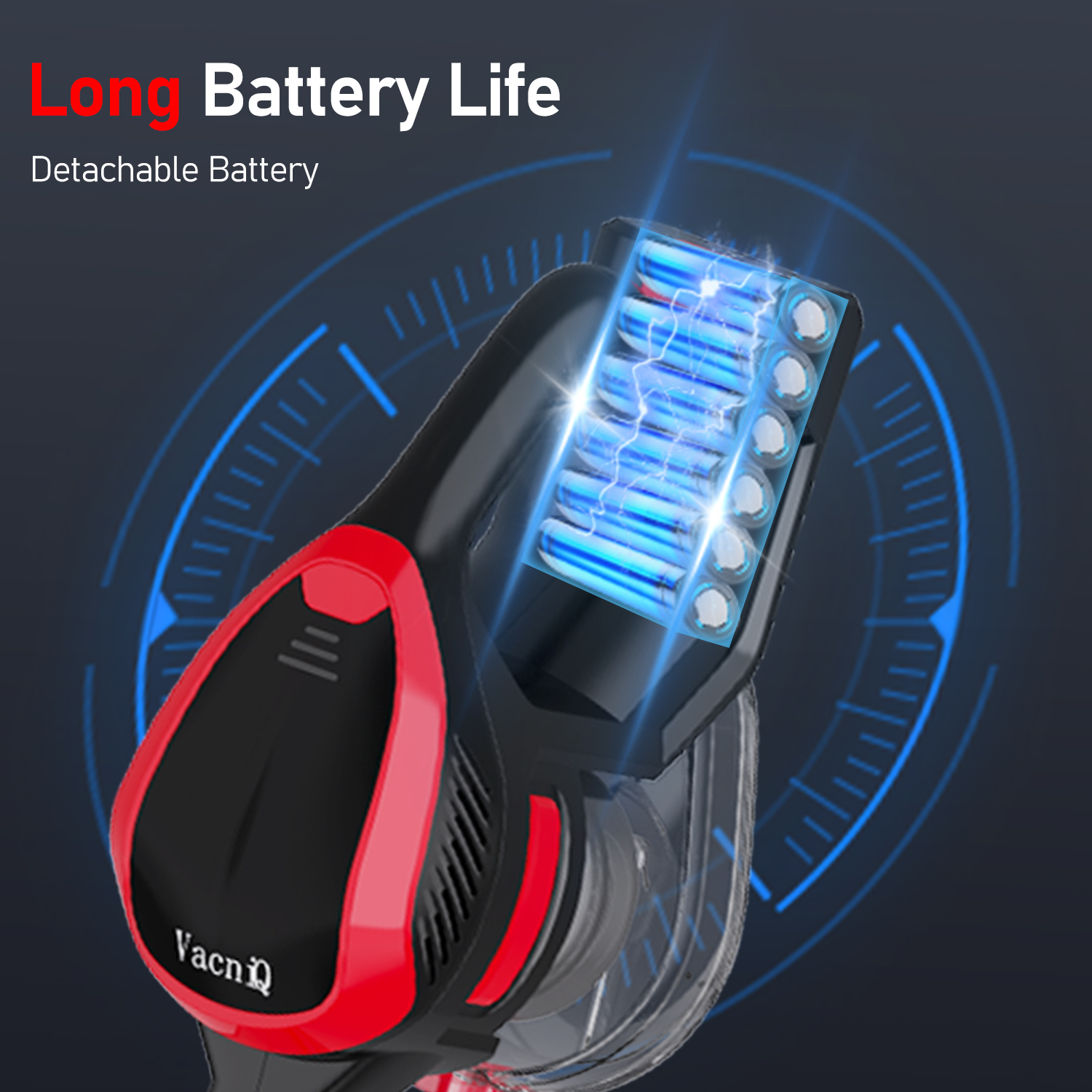 Czerwono-czarny odkurzacz z odłączaną baterią, podświetlony niebieskim światłem.