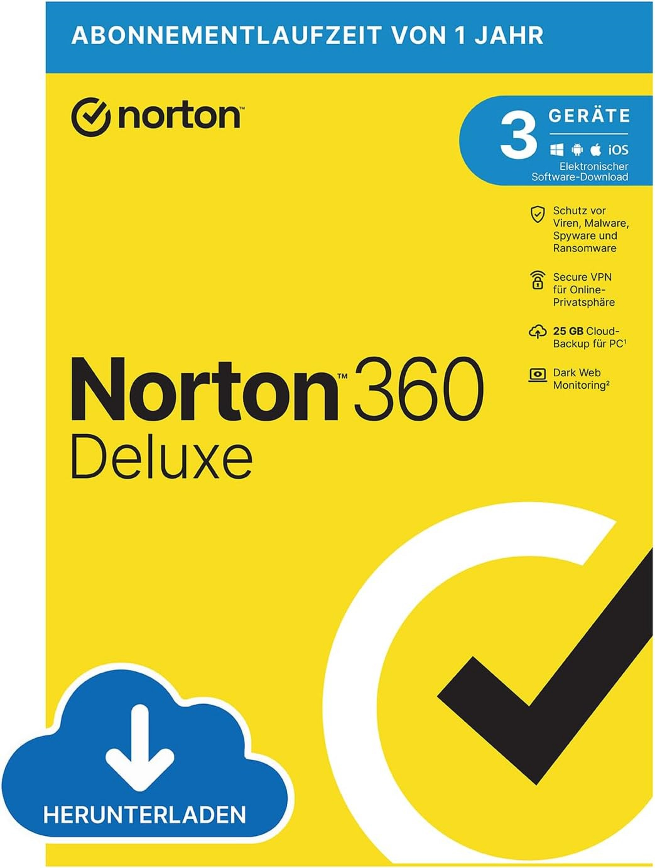 Eine Softwarepaket mit gelbem Cover. Der Titel lautet Norton 360 Deluxe. Zeigt die Softwarefunktionen und das Abonnement.