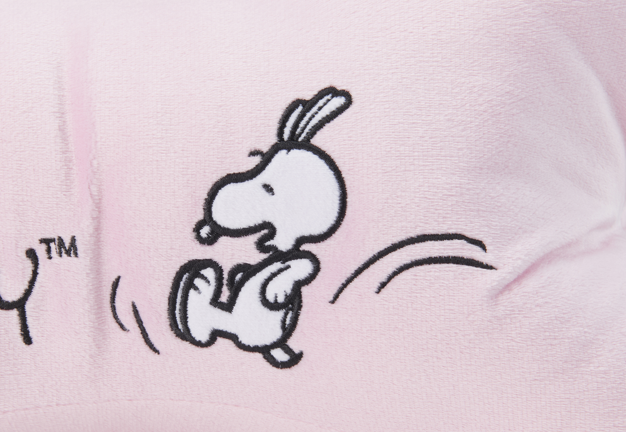 Rosa Snoopy-Plüschtier mit einer laufenden Snoopy-Figur darauf.