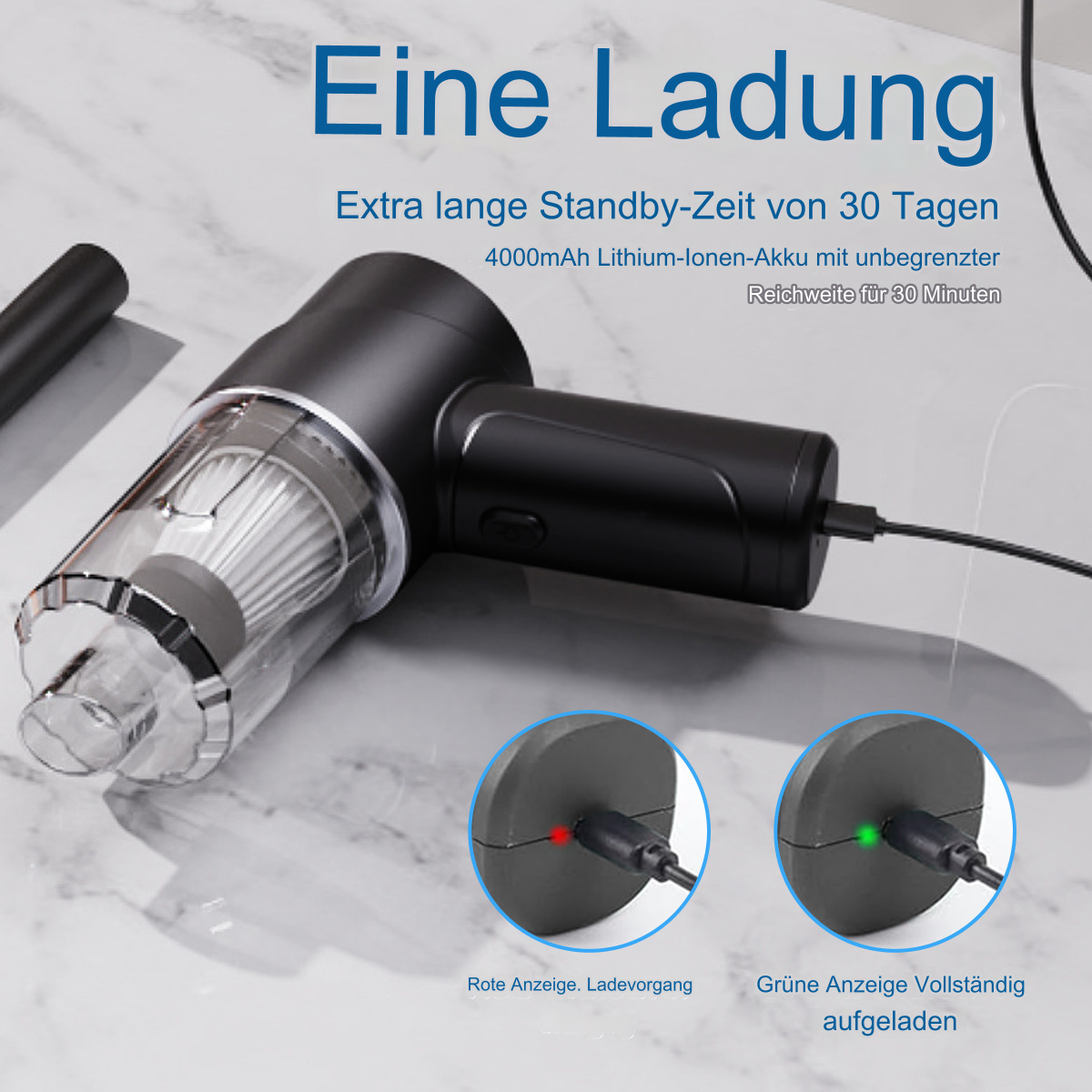 Ein schwarzer und transparenter Handstaubsauger mit Ladestation. Text auf Deutsch.