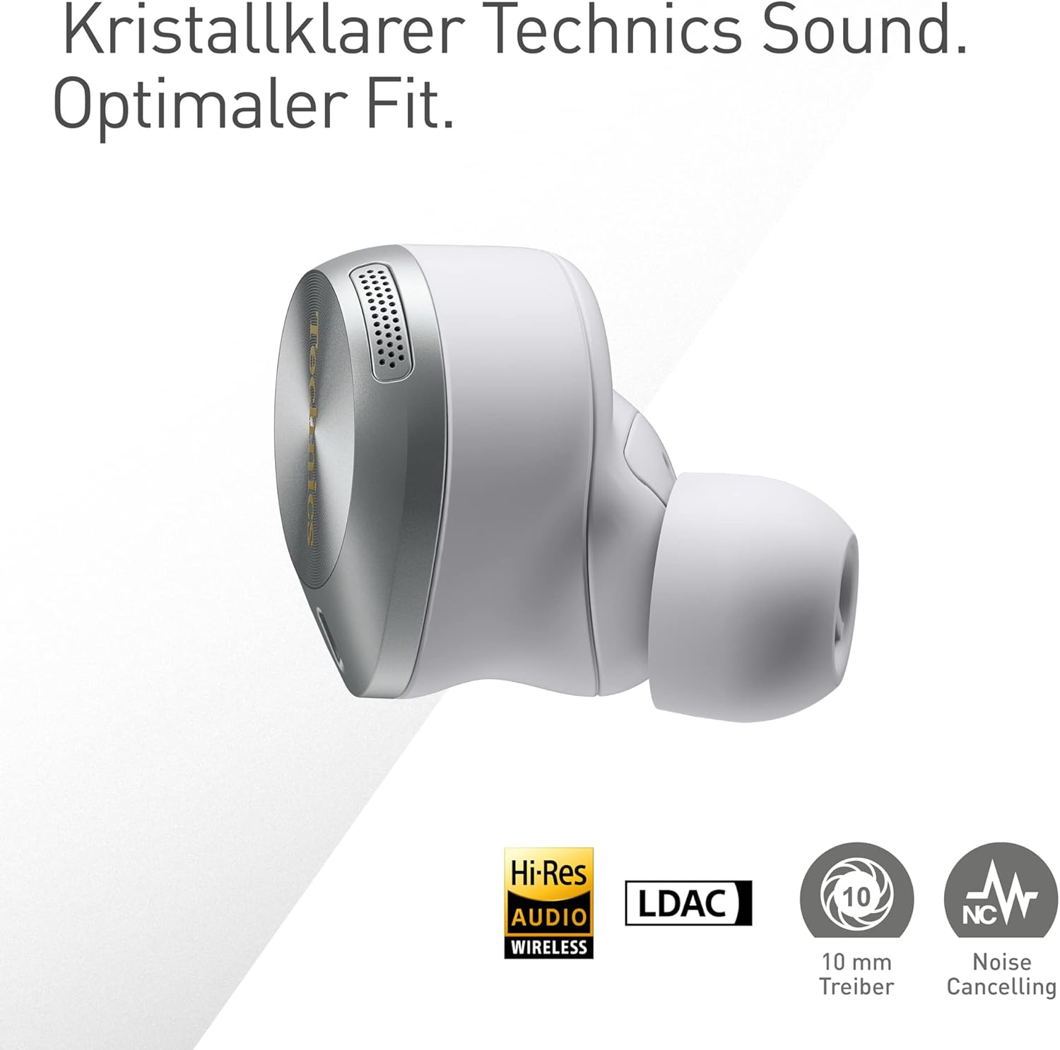 Weiße Ohrhörer mit silbernen Details und schwarzem Logo, mit Text, der Hi-Res Audio und Noise Cancelling anzeigt.
