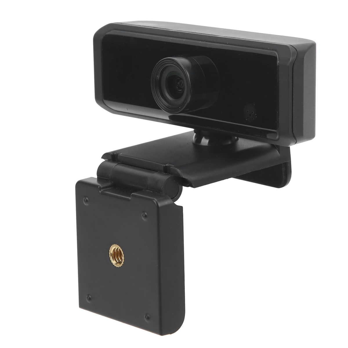 Eine schwarze Webcam mit drehbarem Ständer, die Linse zeigend, vor weißem Hintergrund.