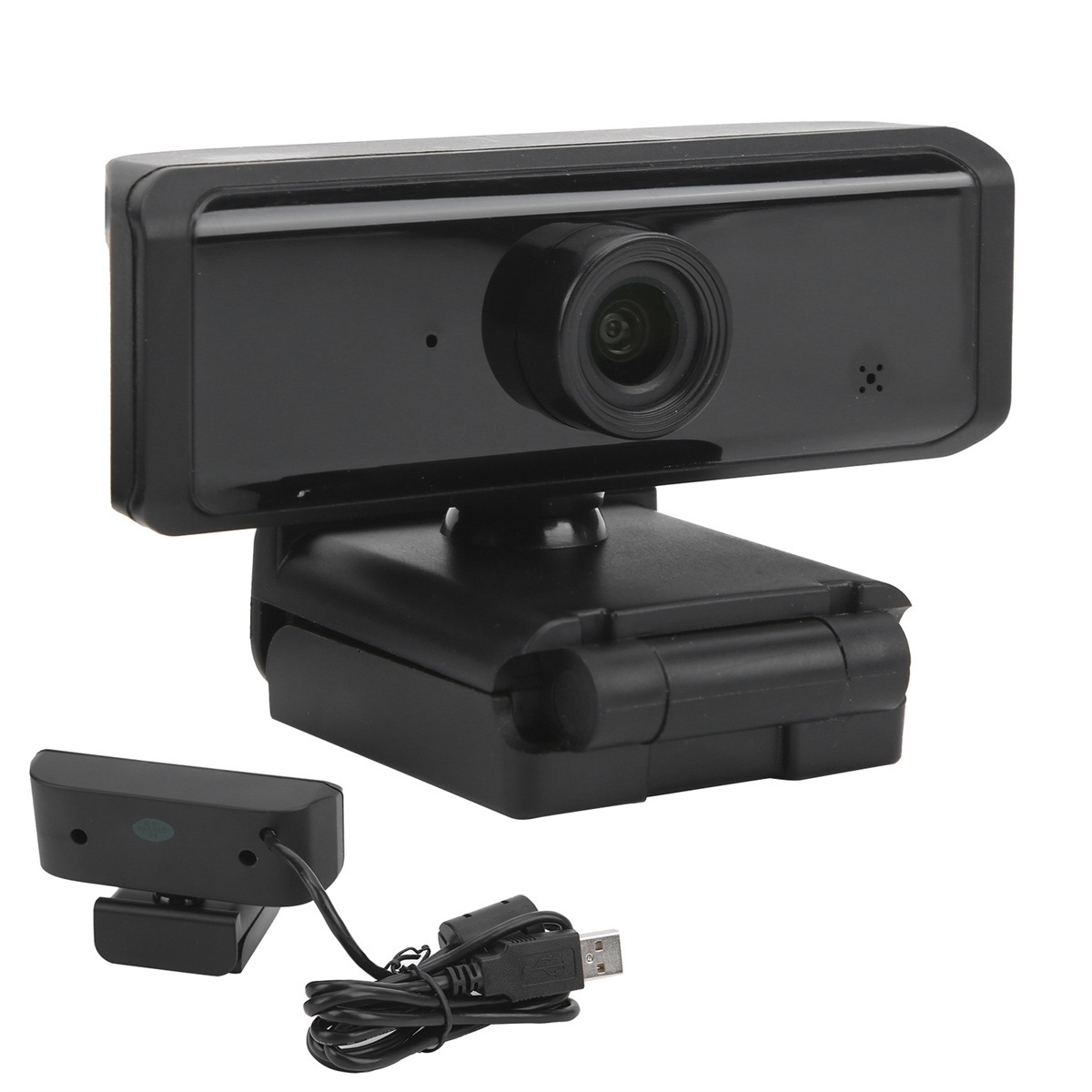 Schwarze Webcam mit Linse und kleinerer Basis.