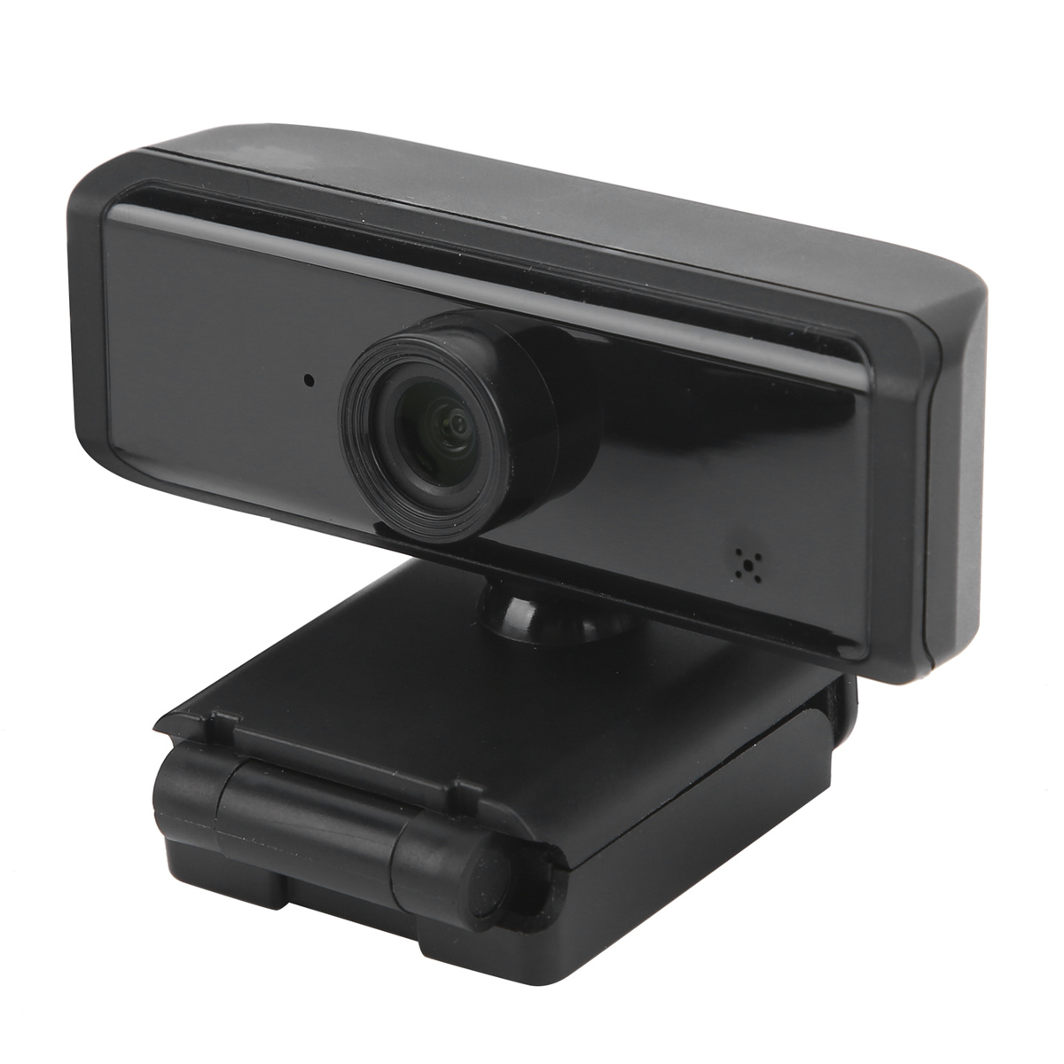 Eine schwarze Webcam mit Objektiv auf einem Ständer. Der Ständer ist ebenfalls schwarz.