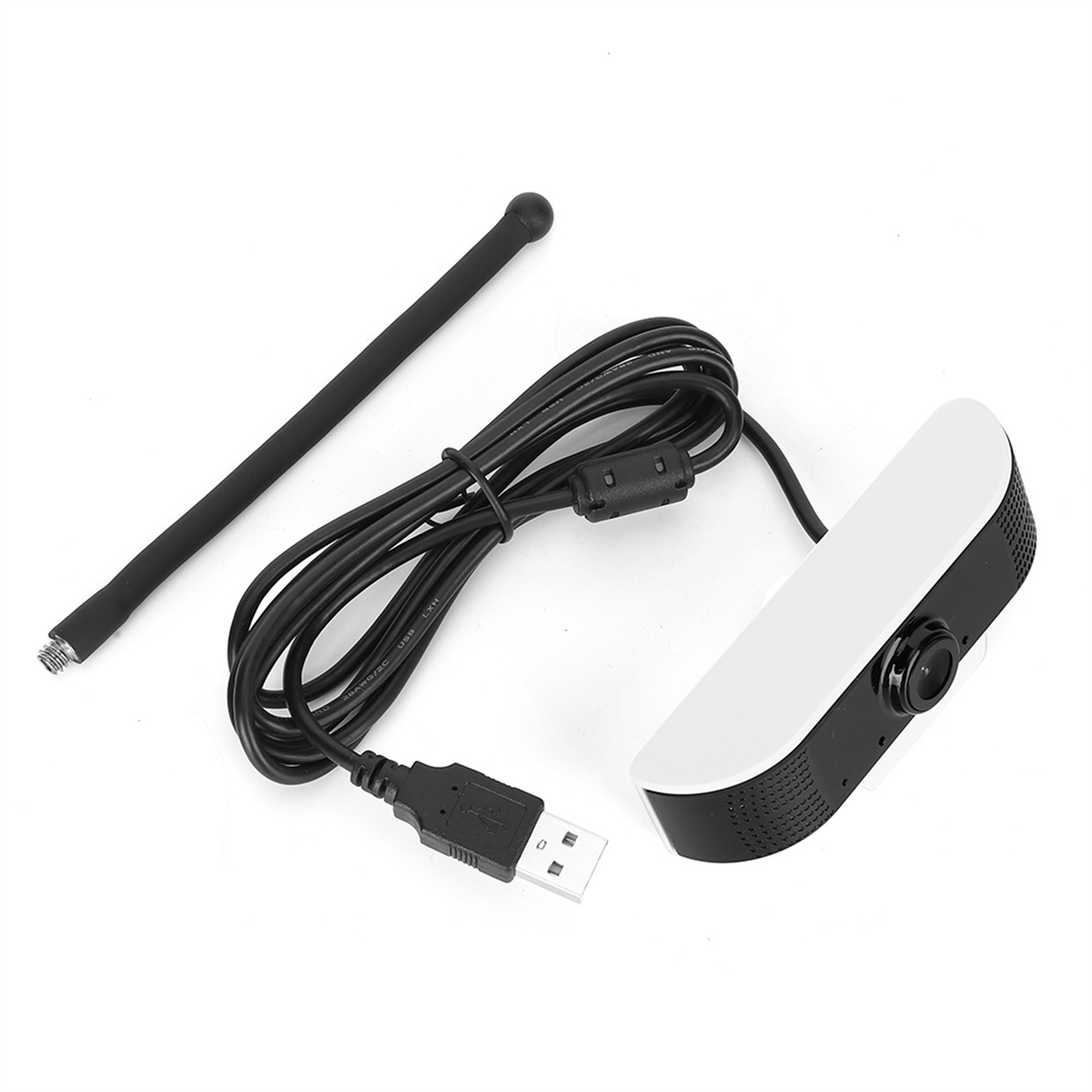 Schwarz-weiße Kamera mit schwarzem Ständer und schwarzem Kabel, auf Weiß.