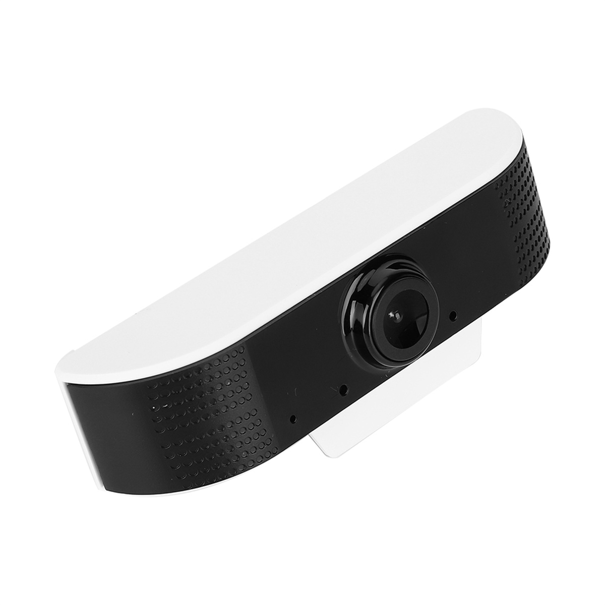 Weiße und schwarze Webcam mit Linse. Die Webcam befindet sich auf einer weißen Oberfläche.