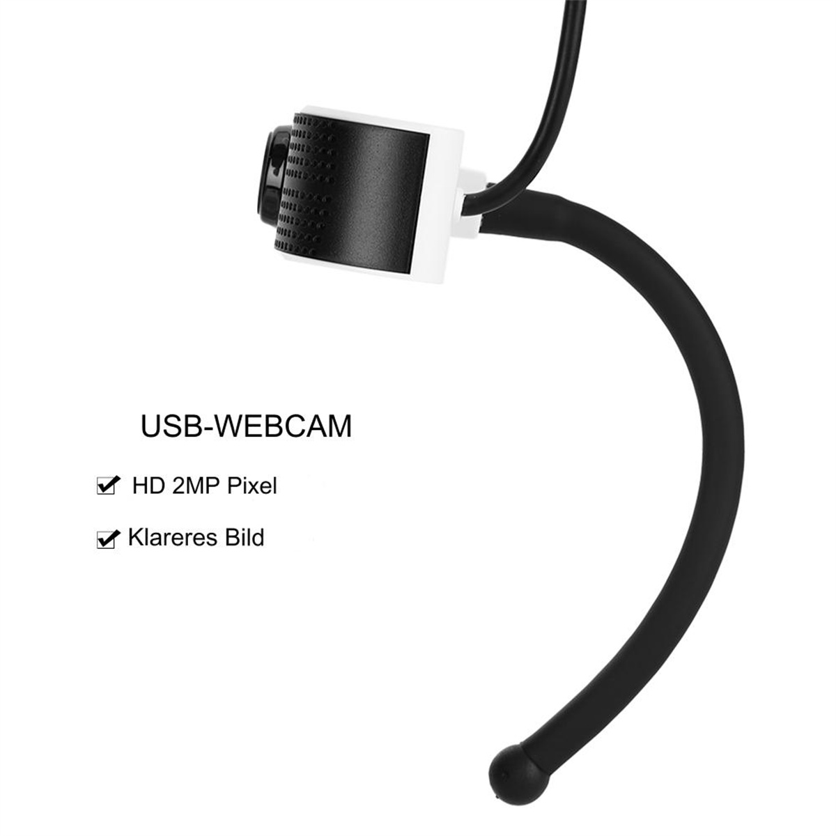 Eine USB-Webcam mit schwarzem, flexiblem Hals und weißem und schwarzem Kamerakopf.