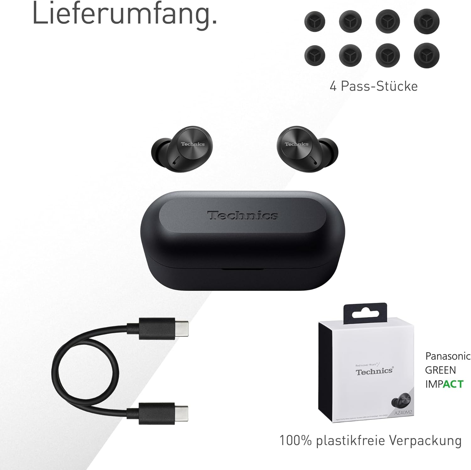 Schwarze Ohrhörer, ein Etui und Zubehör liegen auf weißem Grund mit Text: Lieferumfang, 4 Pass-Stücke und 100% plastikfrei.