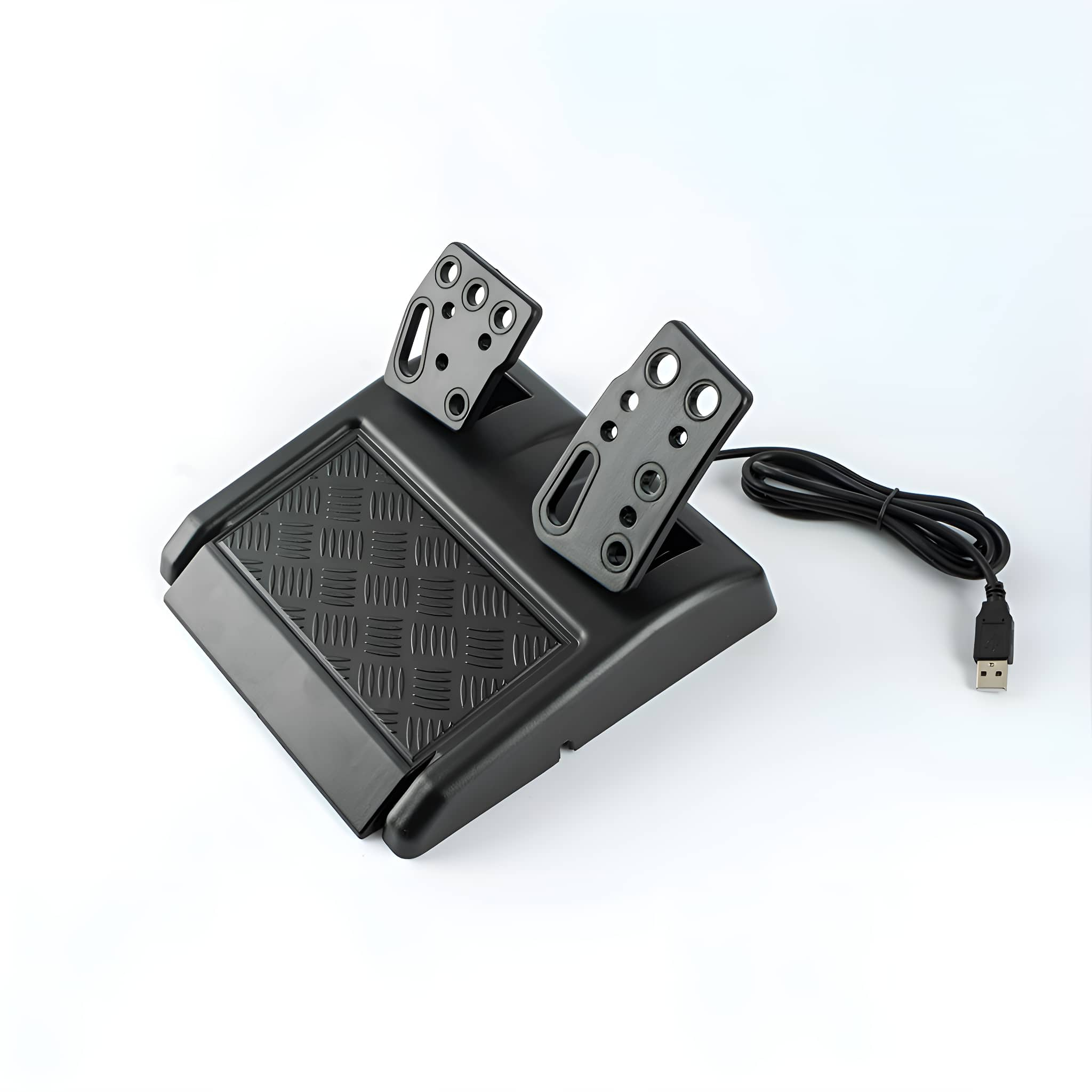 Ein schwarzes Gaming-Pedal-Set mit zwei Pedalen und einer Basis wird auf einer weißen Oberfläche gezeigt.