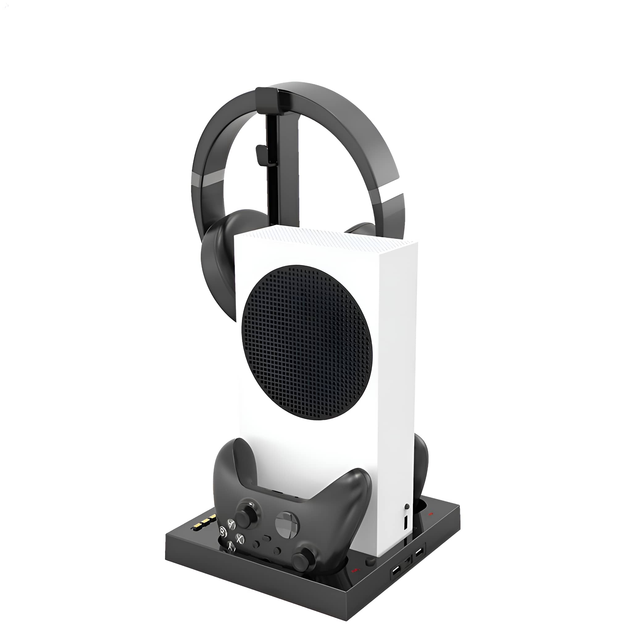 Schwarzes Headset, weiße Xbox Series S Konsole, Controller auf Ladestation. Weißer Hintergrund.