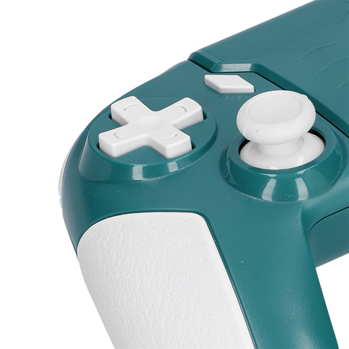 Nahaufnahme eines türkisfarbenen Gamepad-Controllers mit weißem Steuerkreuz, Joystick und Tasten.