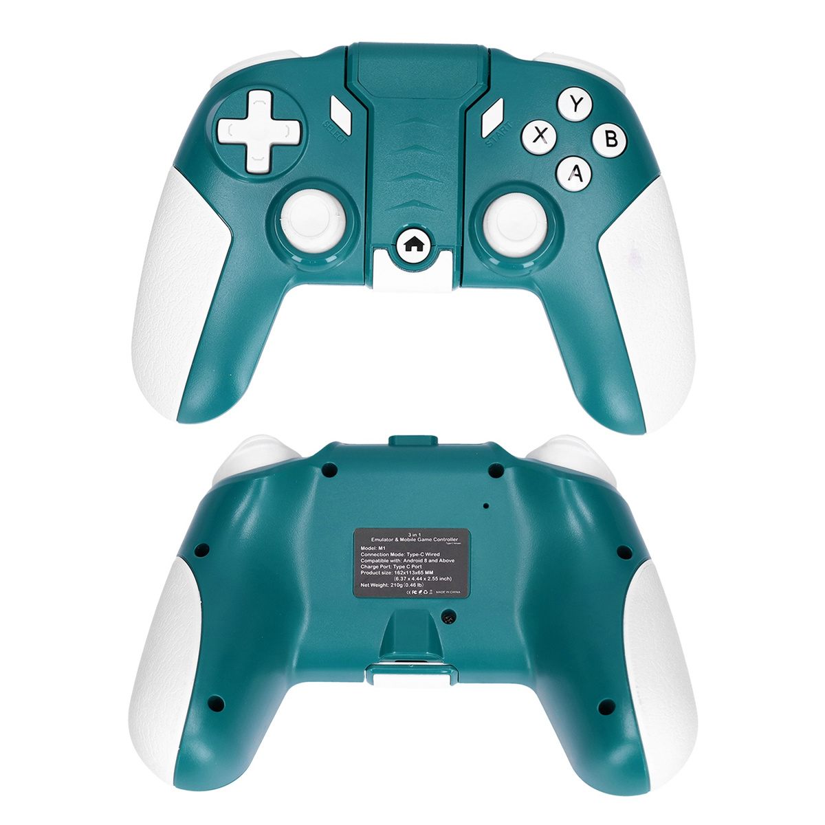 Türkis-weißer Gamecontroller, Vorder- und Rückseite. Weißer Hintergrund.