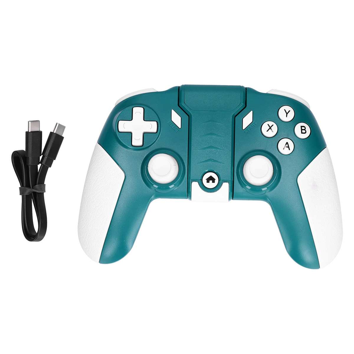 Türkisblaues und weißes Gamepad mit schwarzem Kabel. Hat Plus- und andere Tasten sowie eine Home-Taste.