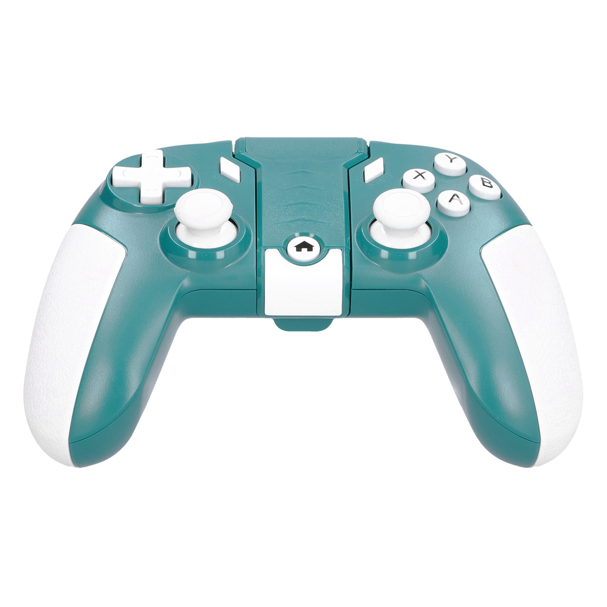 Ein türkis-weißes Gamepad. Knöpfe und Joysticks vor weißem Hintergrund sichtbar.