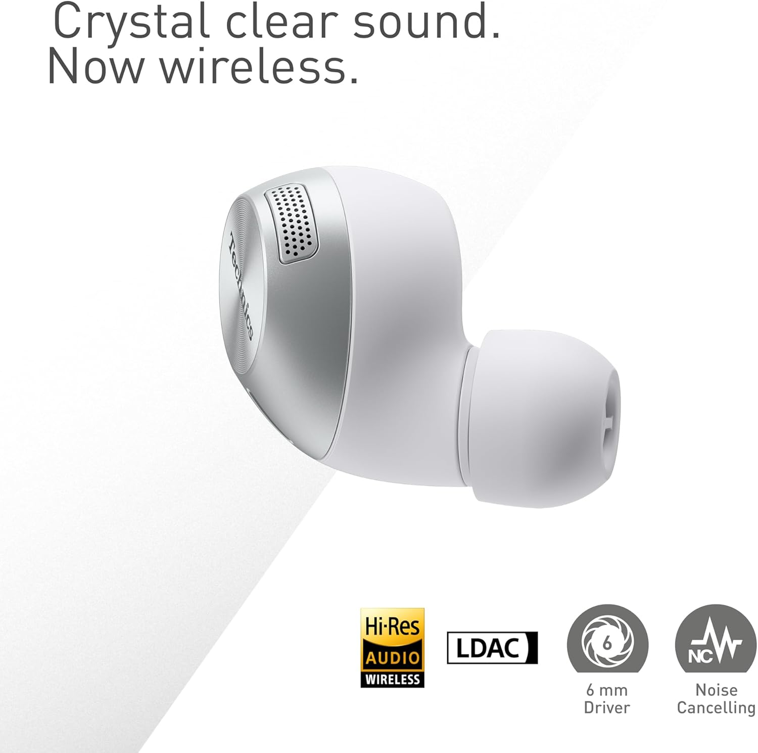 Weißer Ohrhörer. Text: Kristallklarer Sound, jetzt kabellos. Logos für Hi-Res Audio, LDAC und Noise Cancelling.