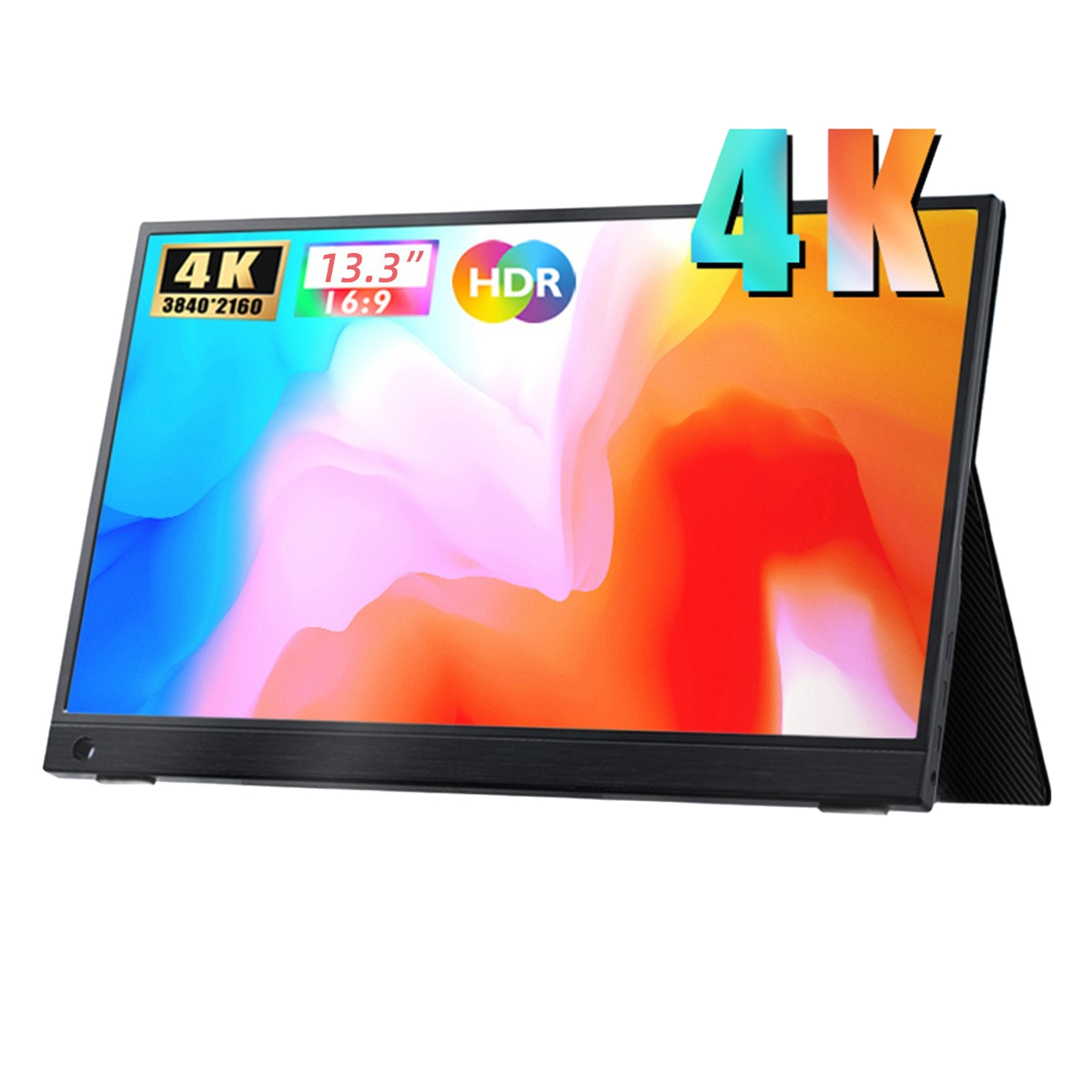 Ein schwarzer tragbarer Monitor zeigt ein farbenfrohes Bild und zeigt die Labels '4K', '13.3"' und 'HDR'.