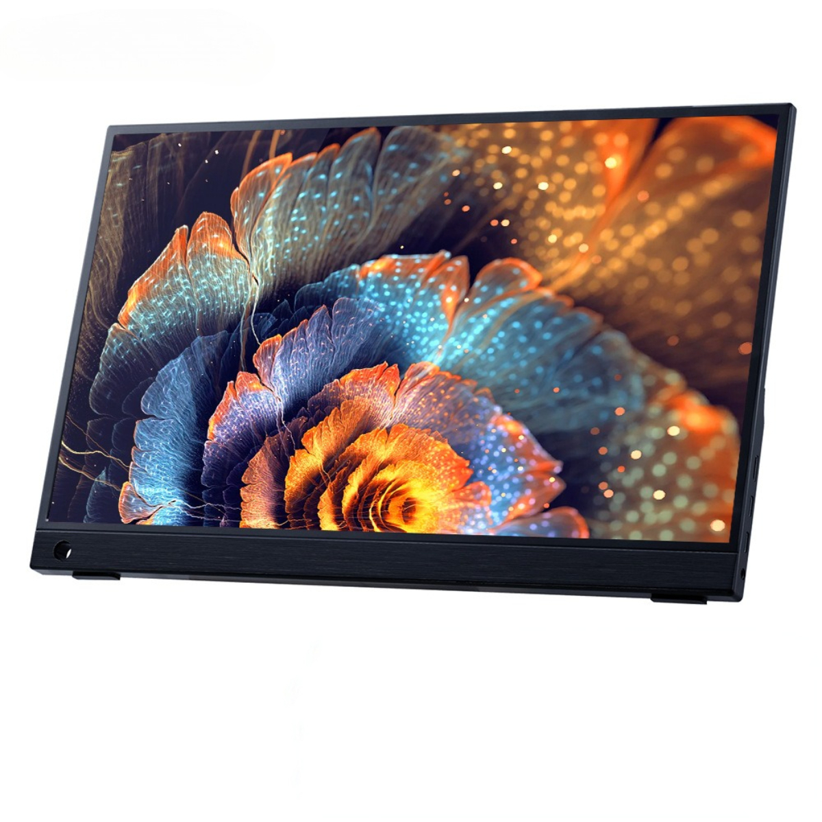 Ein Monitor zeigt ein Blumenbild mit Orange-, Blau- und Gelbtönen.