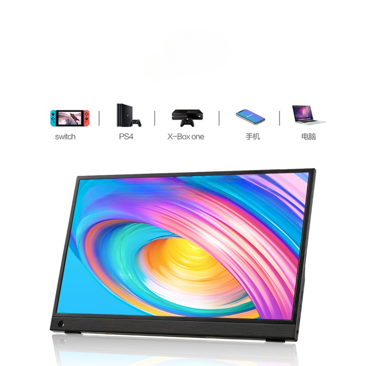 Tragbarer Monitor mit farbenfrohem Display und Symbolen für Switch, PS4, Xbox, Handy, Laptop.