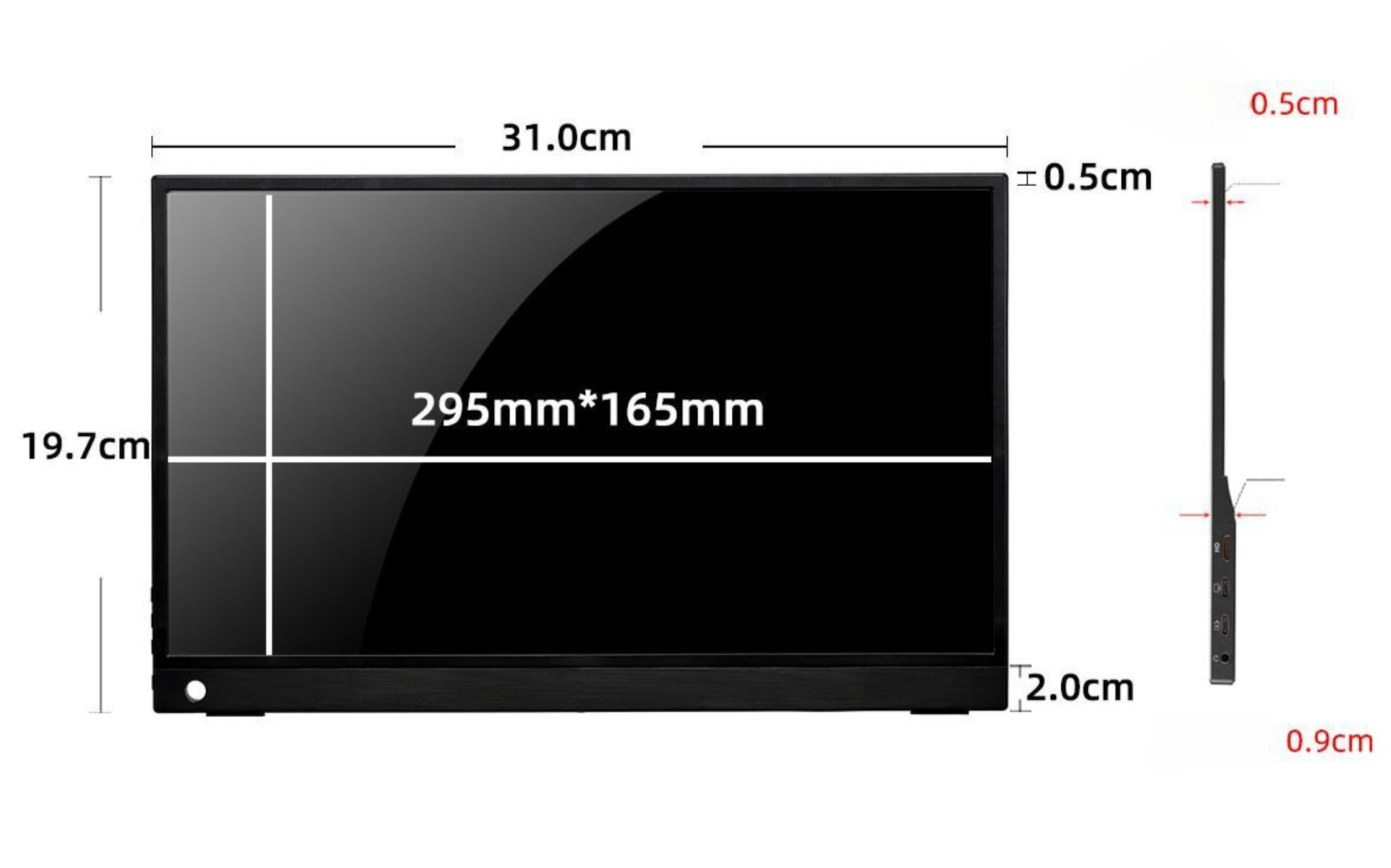 Ein schwarzer Bildschirm mit Abmessungen in Zentimetern und Millimetern. Der Bildschirm ist 31 cm breit.
