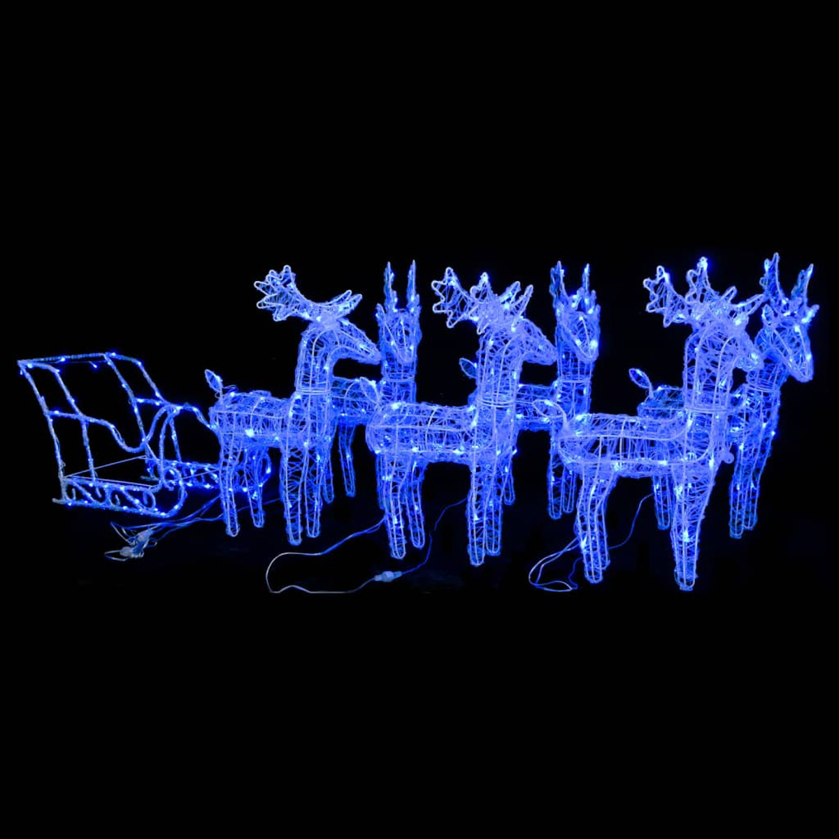 Blaue LED-Rentier- und Schlitten-Weihnachtsbeleuchtung vor schwarzem Hintergrund.