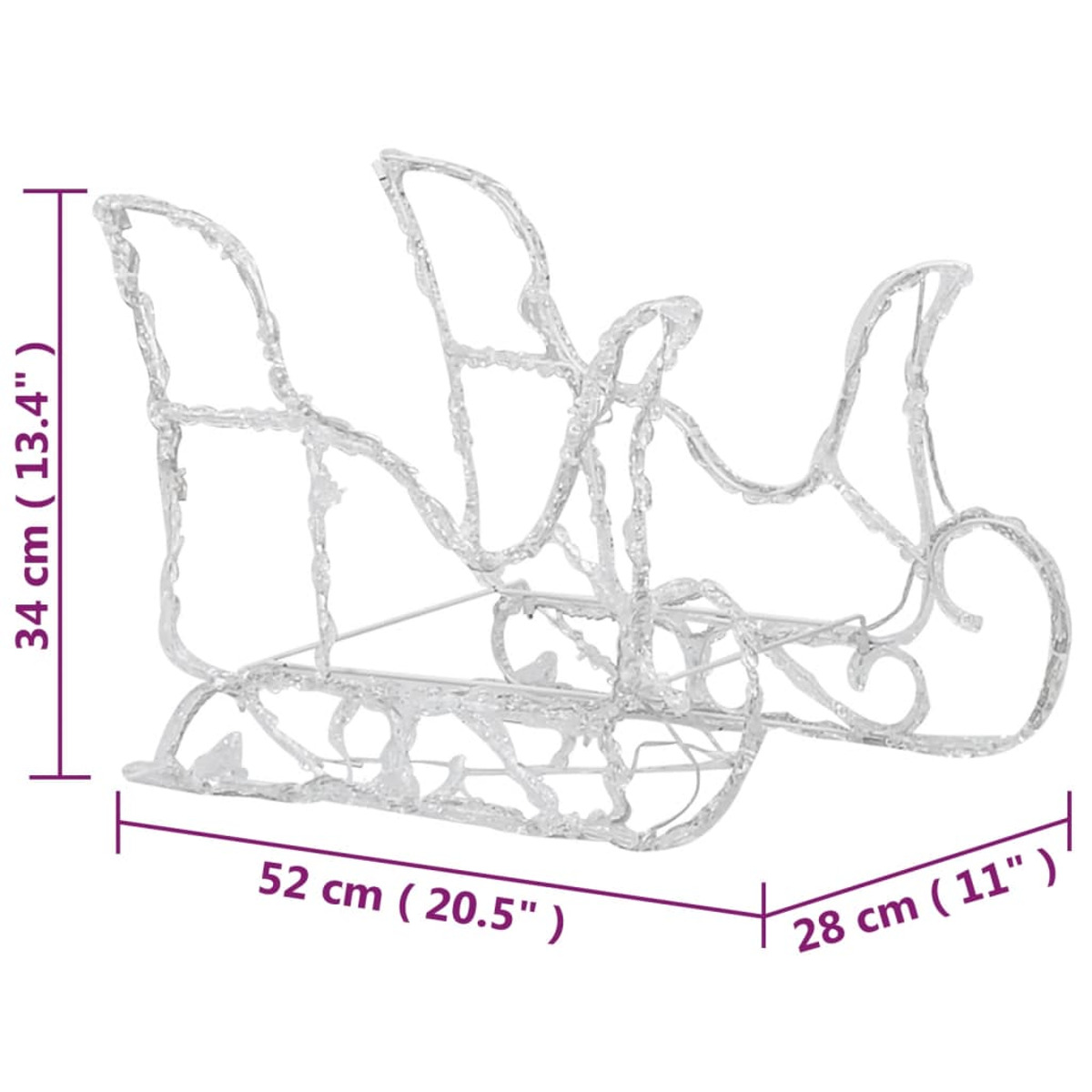 Weißer dekorativer Schlitten mit den Maßen: 52 cm lang, 34 cm hoch und 28 cm breit.