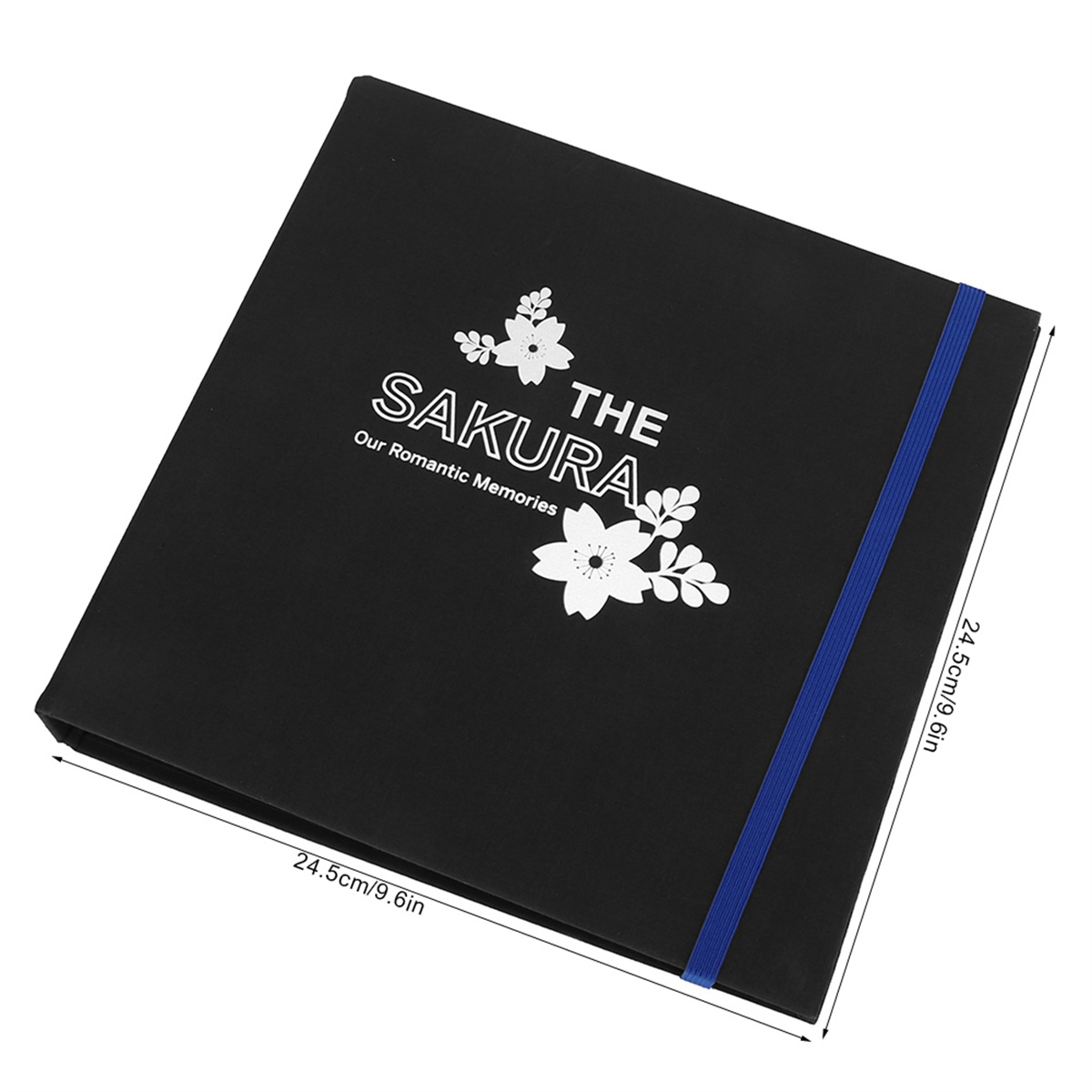 Schwarzes Fotoalbum mit blauem Gummiband. Titel: The Sakura, Our Romantic Memories.