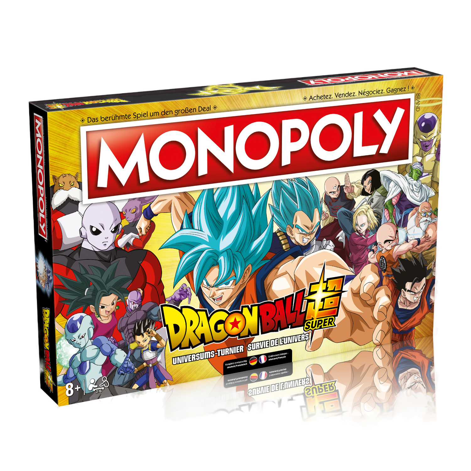 Monopoly Dragon Ball Super Brettspielbox mit Charakteren. Rote, gelbe und blaue Farben dominieren.