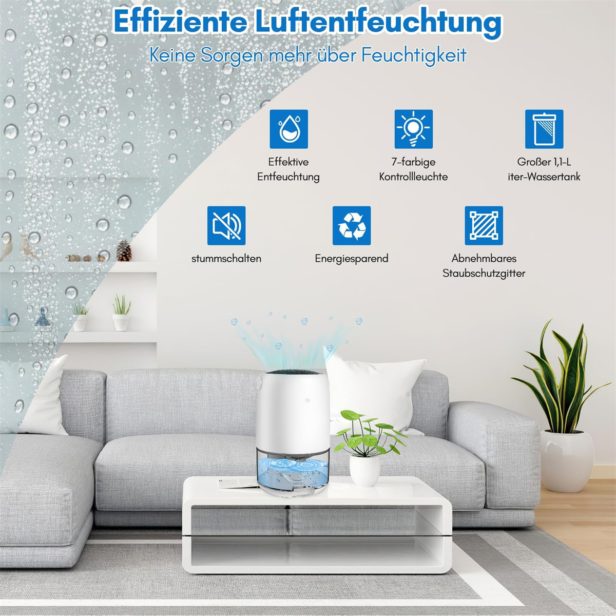 Weißer Luftbefeuchter im Wohnzimmer. Symbole auf weißem Grund. Sofa im Hintergrund.