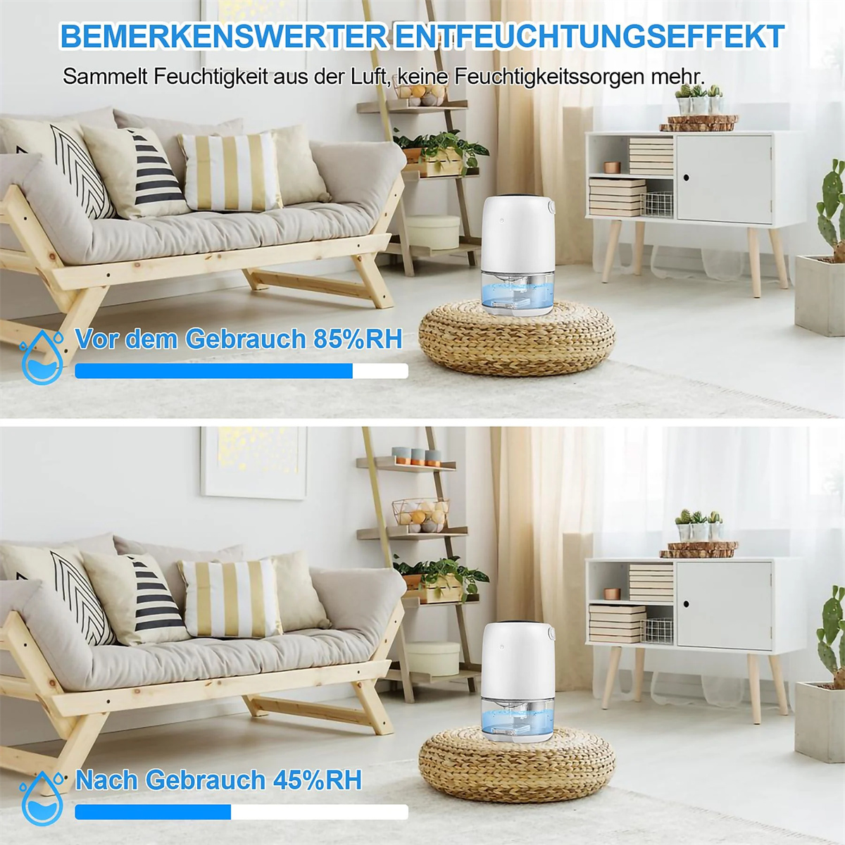Luftentfeuchter auf einer gewebten Matte, vor und nach dem Gebrauch, zeigt Feuchtigkeitsänderungen.