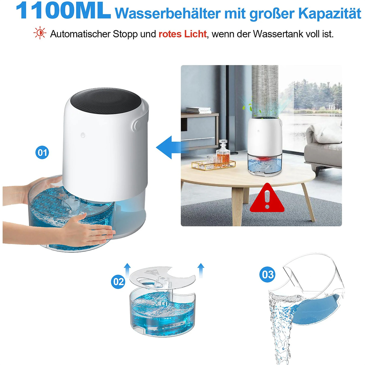 Weißer Wasserspender mit blauem Wasser darin und eine Grafik zur Verwendung.
