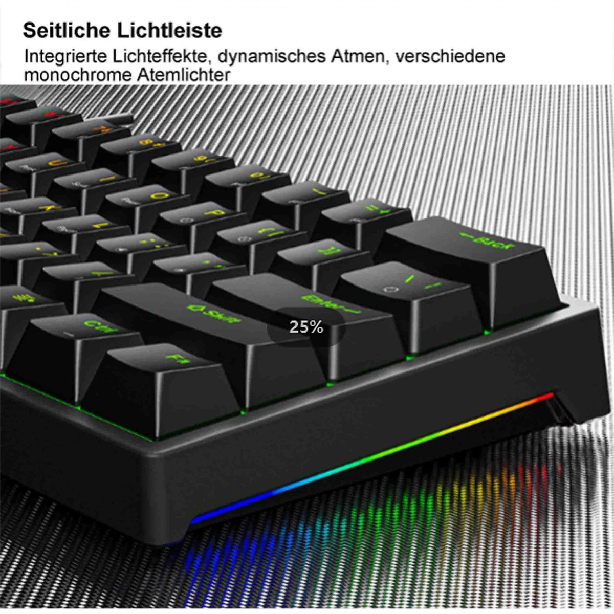 Schwarze Tastatur mit farbigem Licht, beleuchteten Tasten und rotem und blauem Licht unten.