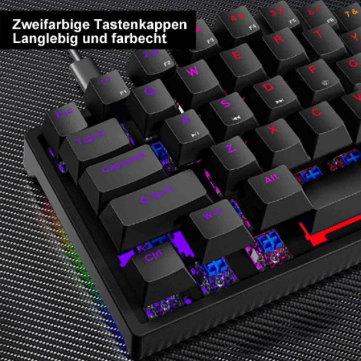 Nahaufnahme einer schwarzen Tastatur mit zweifarbigen Tastenkappen und bunten Lichtern auf weißem Grund.