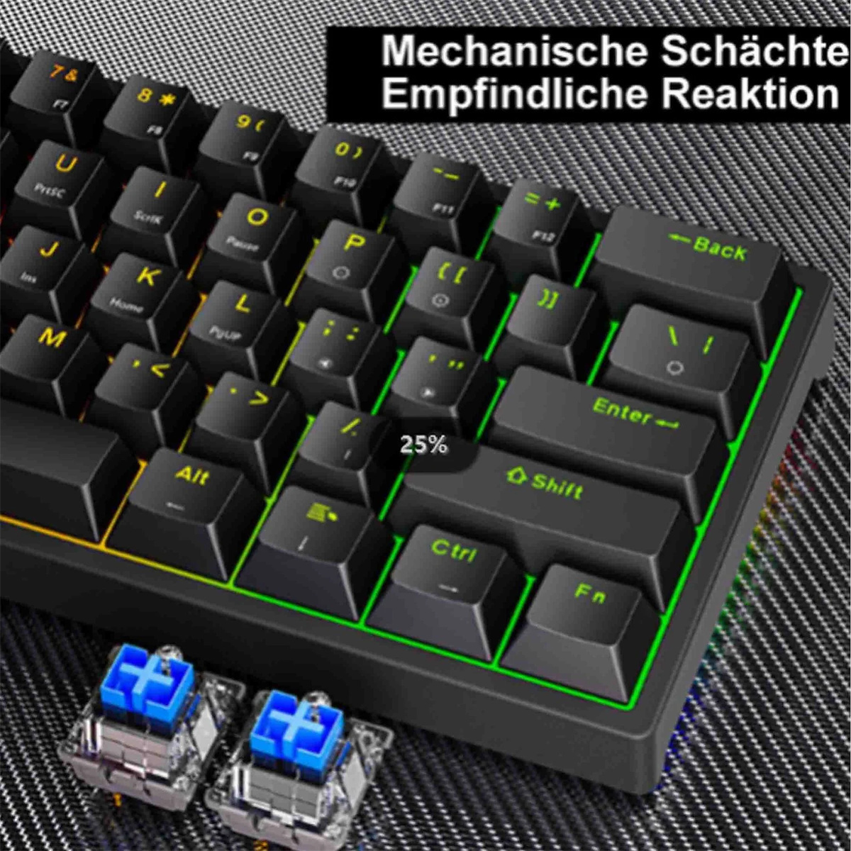 Mechanische Tastatur mit schwarzen Tasten, beleuchtet und zerlegten Schaltern.