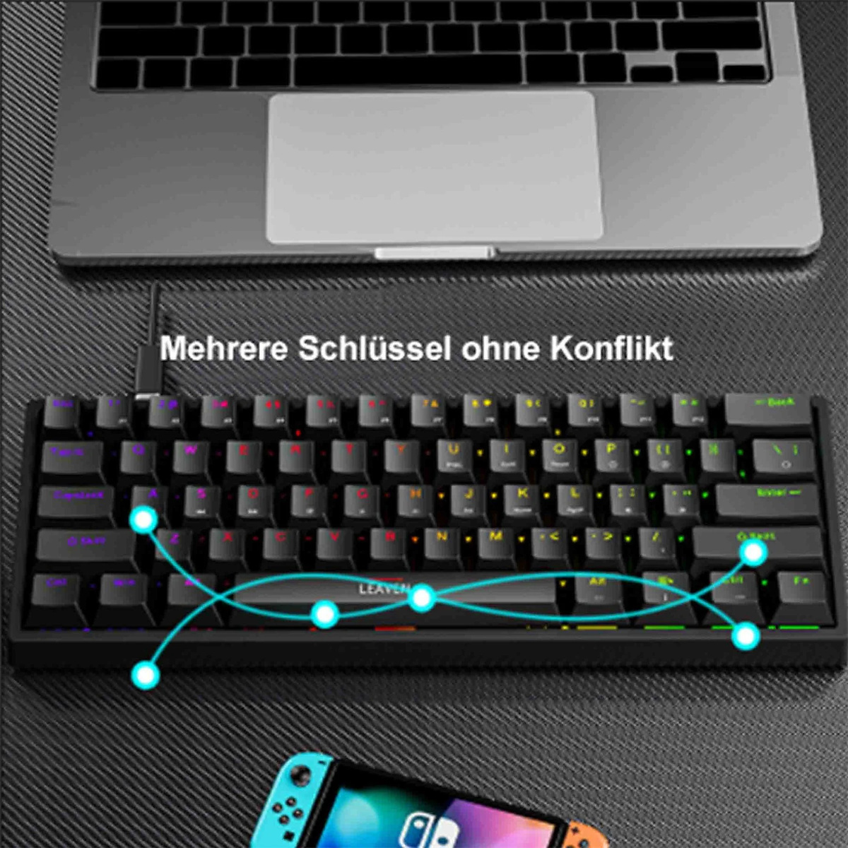 Ein Laptop, eine Tastatur und ein Nintendo Switch. Die Tastatur hat bunte Tasten. Text: Mehrere Schlüssel ohne Konflikt.