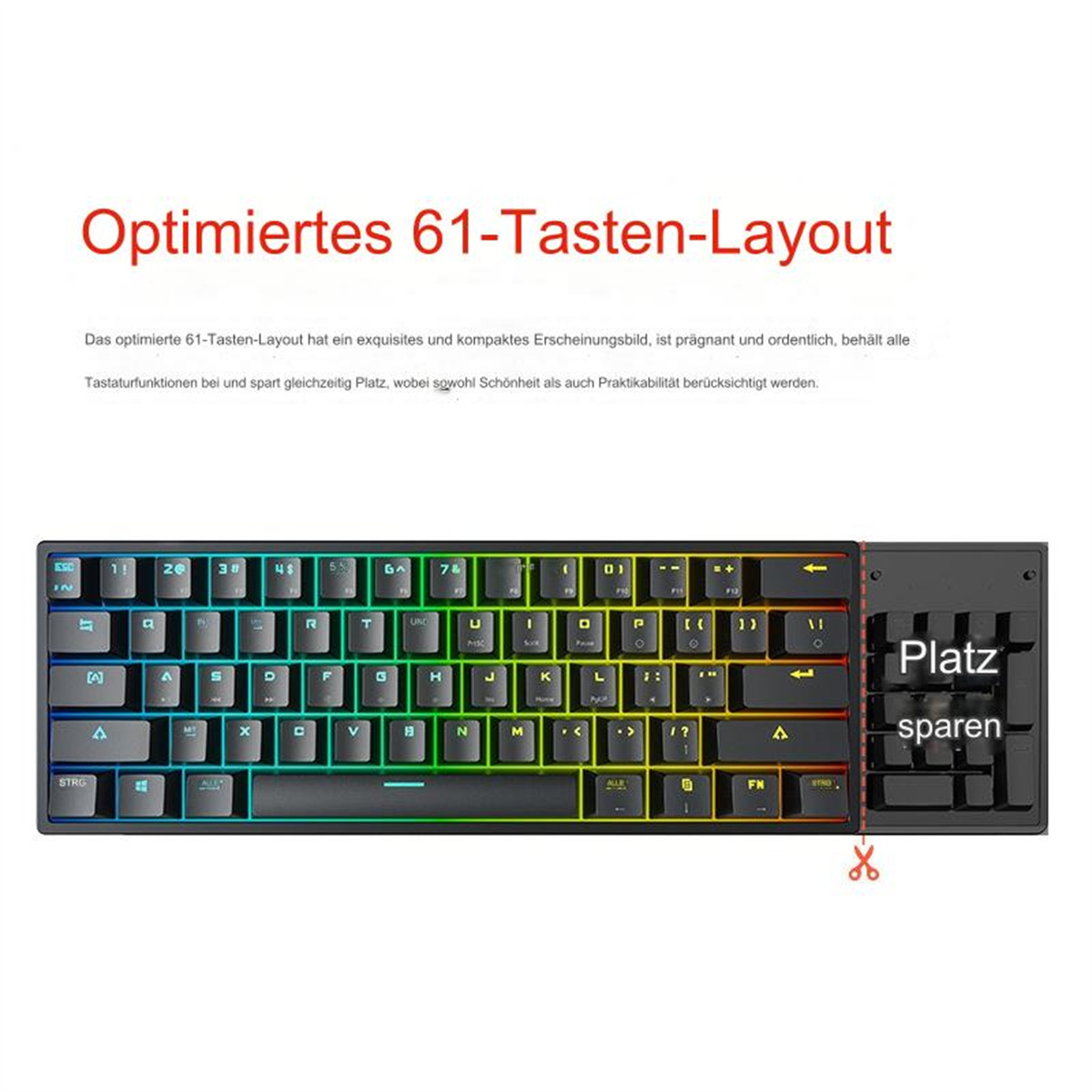Eine kompakte Tastatur mit bunten Tasten. Der Text lautet 'Optimiertes 61-Tasten-Layout'.