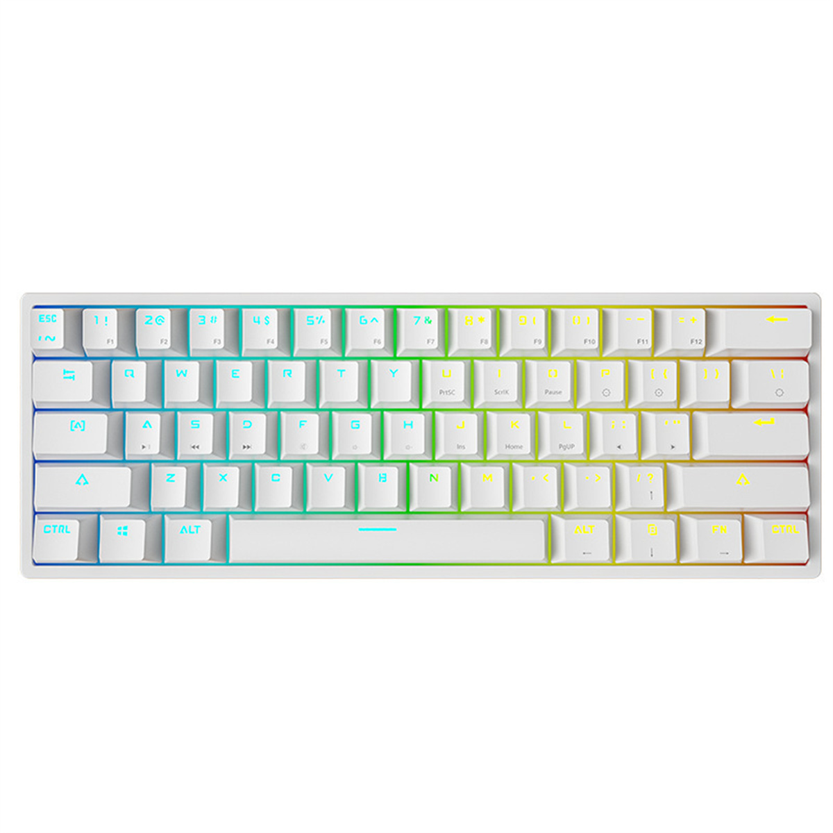 Eine weiße, kompakte Tastatur mit farbigen Tasten. Sie hat einen Regenbogenverlauf am unteren Rand.
