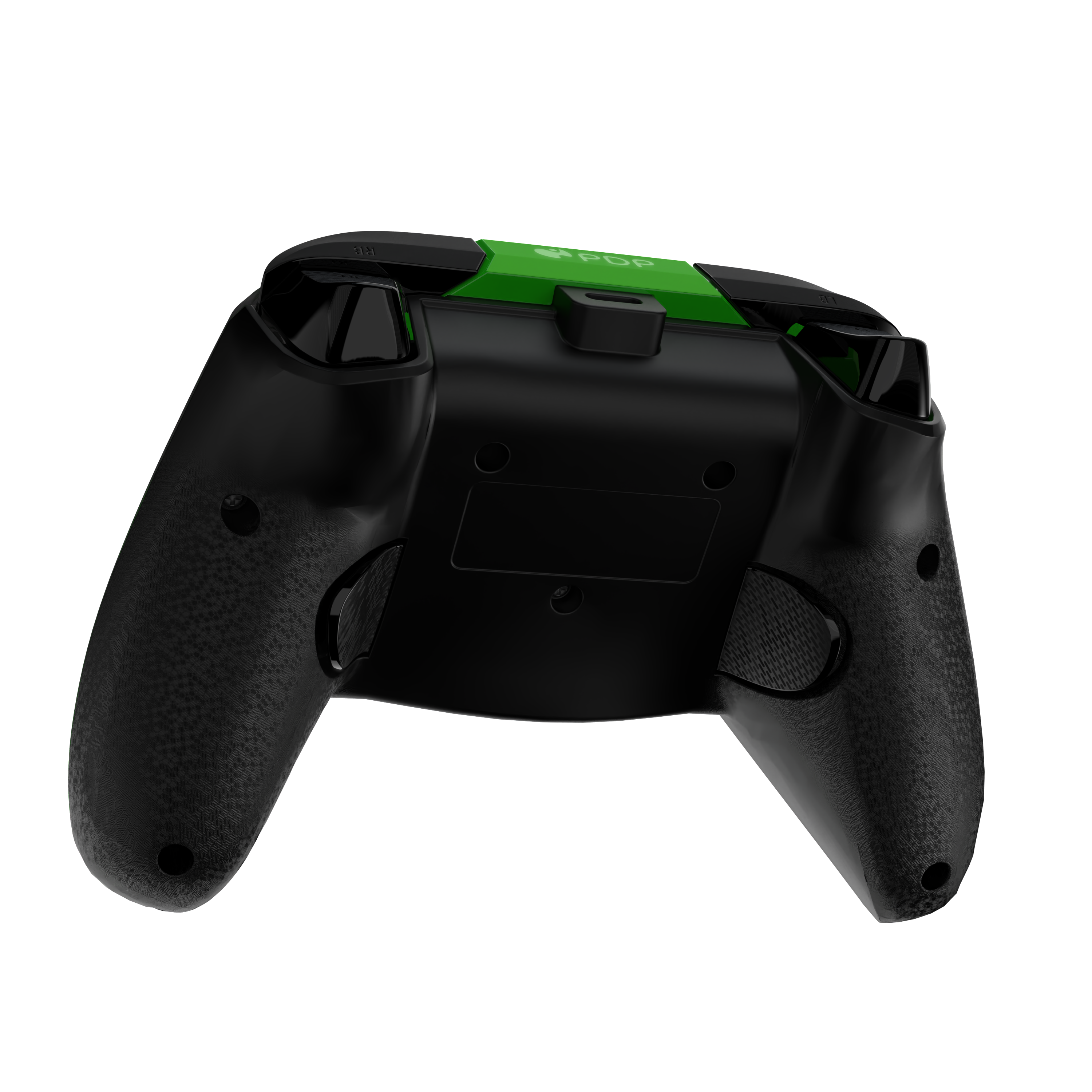 Widok z tyłu czarnego kontrolera do gier, z teksturami uchwytu i zielonymi akcentami. Przyciski są widoczne.