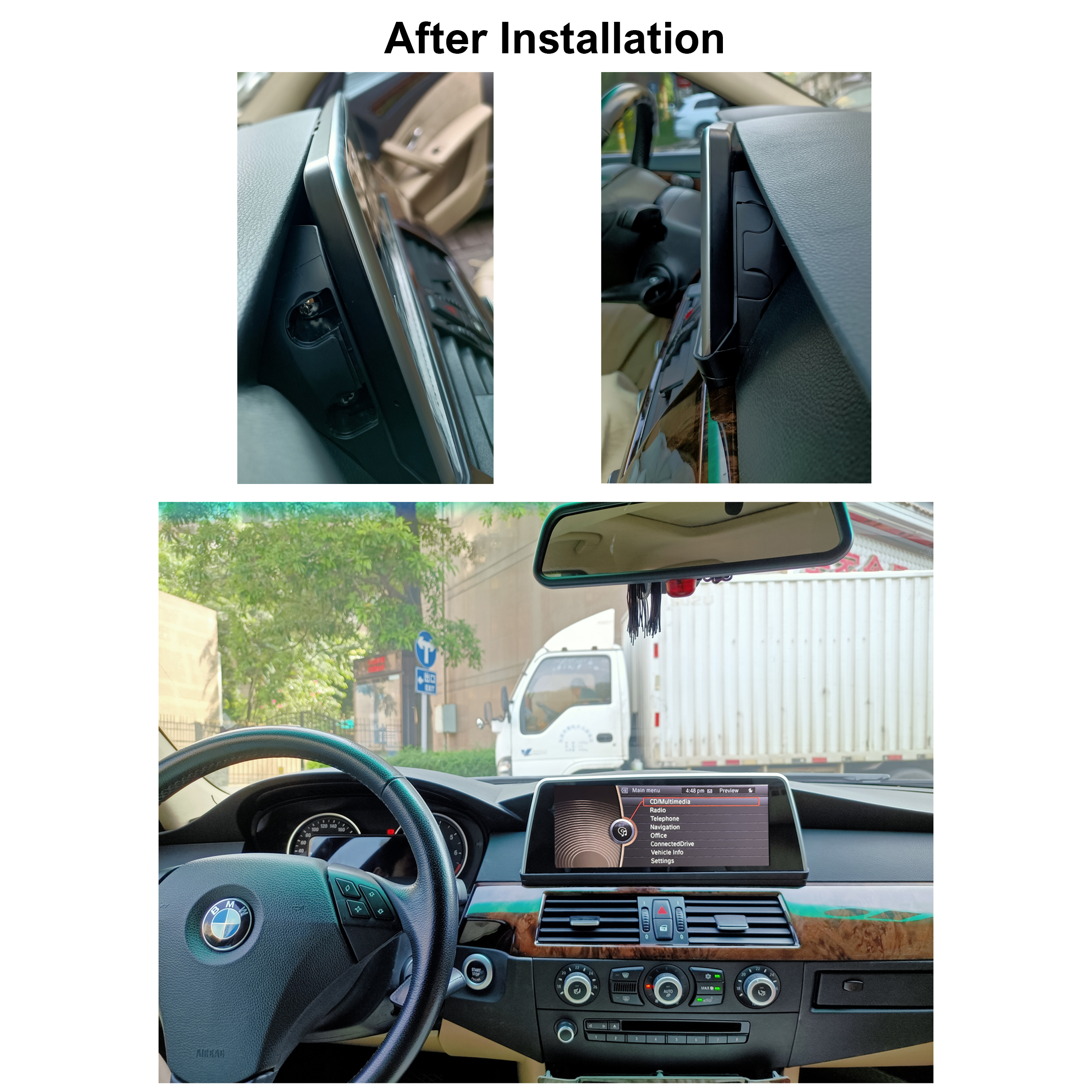 Armaturenbrett mit installiertem Bildschirm. Details der Installation und eine Gesamtansicht werden gezeigt.