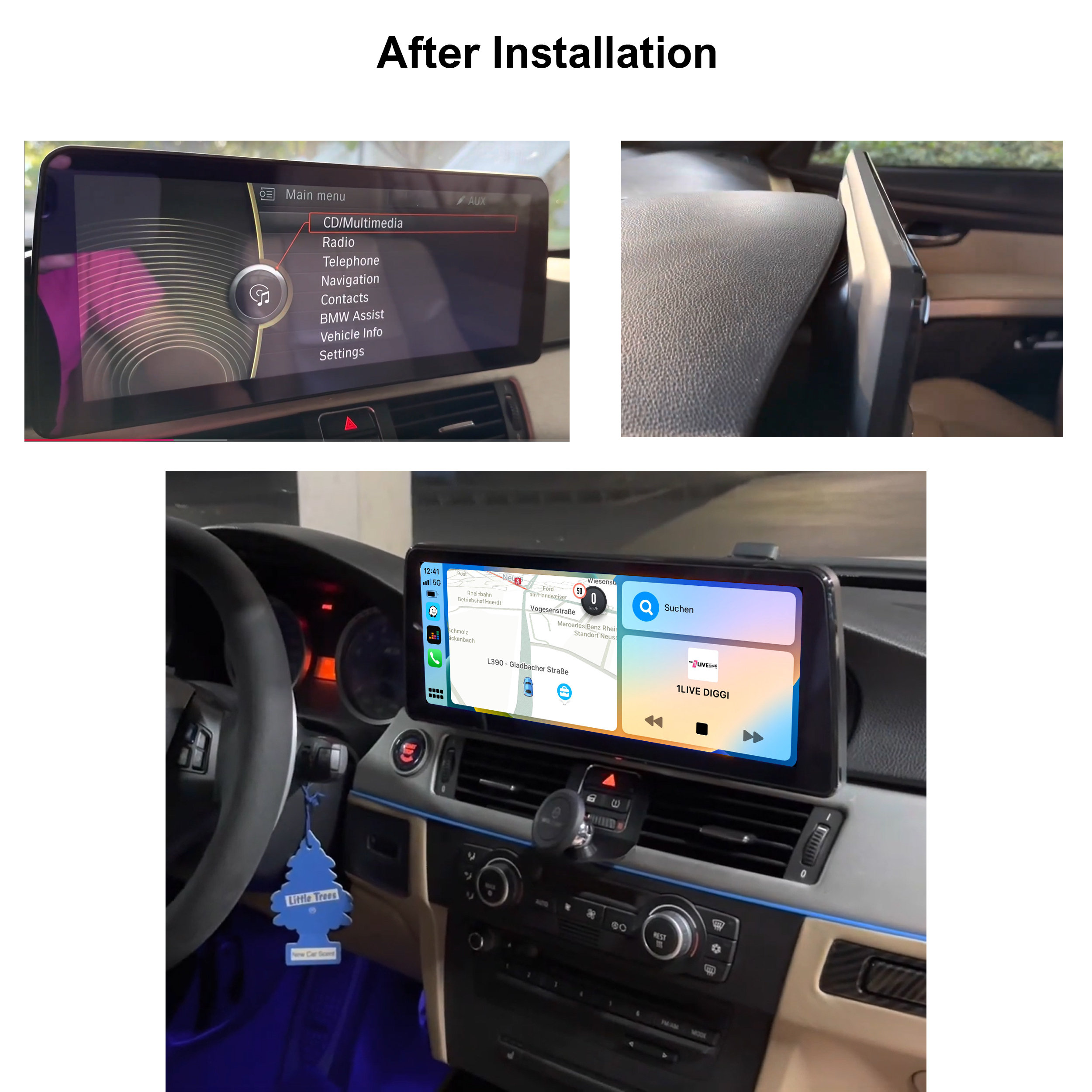 Bilder, die ein installiertes Car-Multimedia-System zeigen. Das Display zeigt ein Menü, Navigation und Karte.
