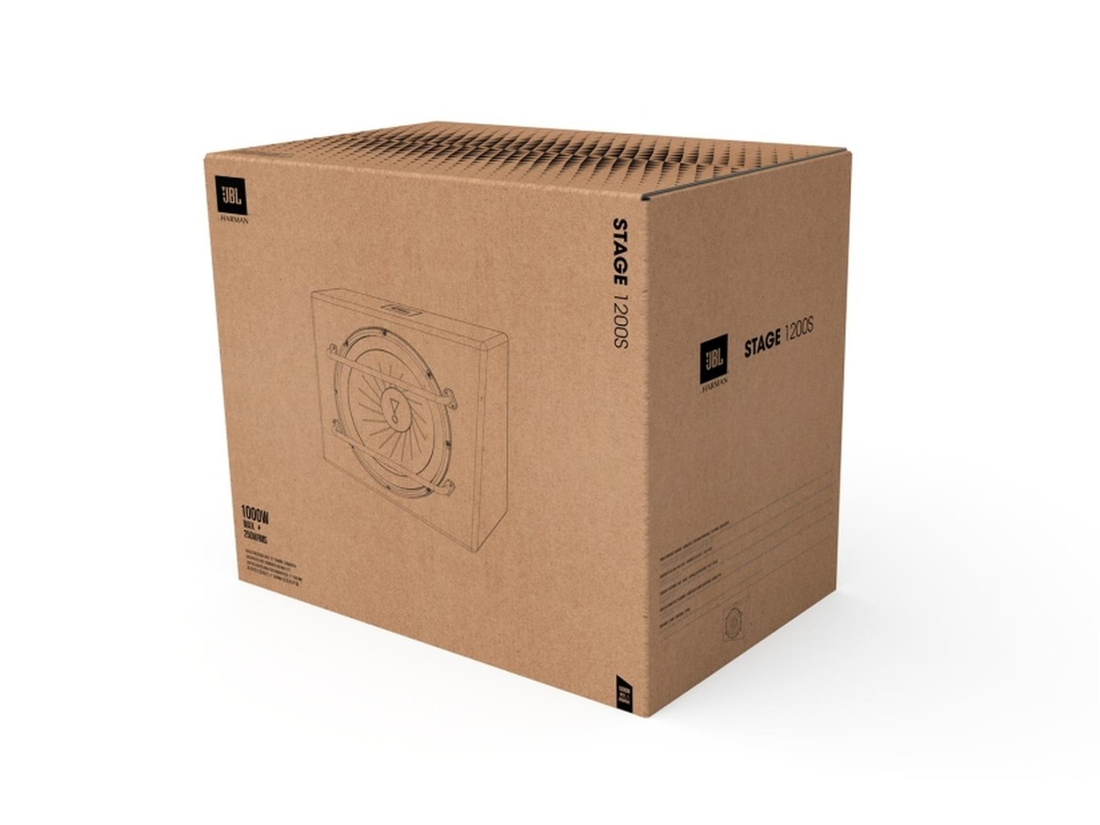 Ein brauner Karton mit einer Subwoofer-Skizze und Text auf der Seite, vor weißem Hintergrund.