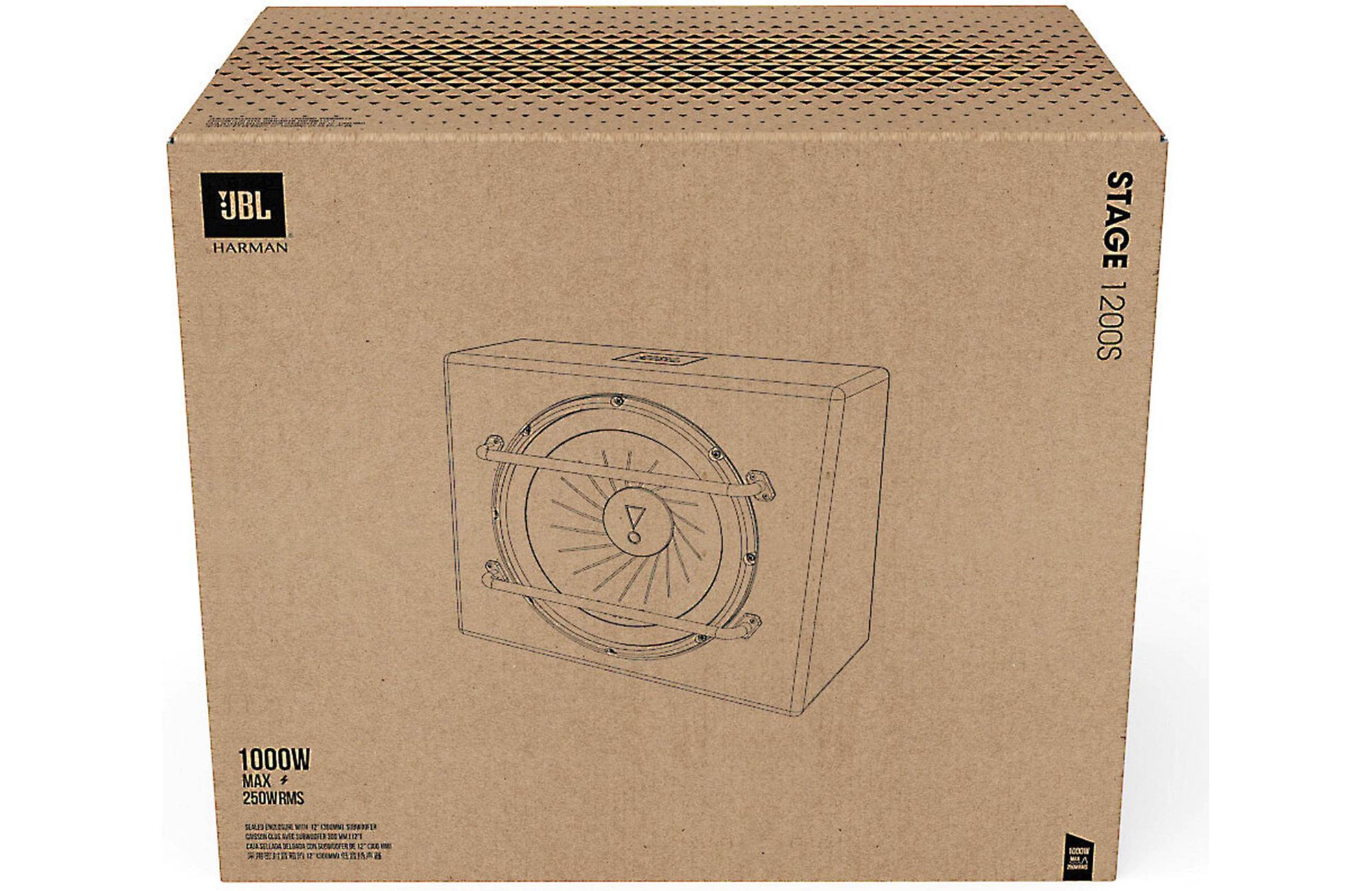 JBL Stage 1200S Subwoofer-Box. Die Box ist braun und hat ein Bild des Subwoofers darauf.