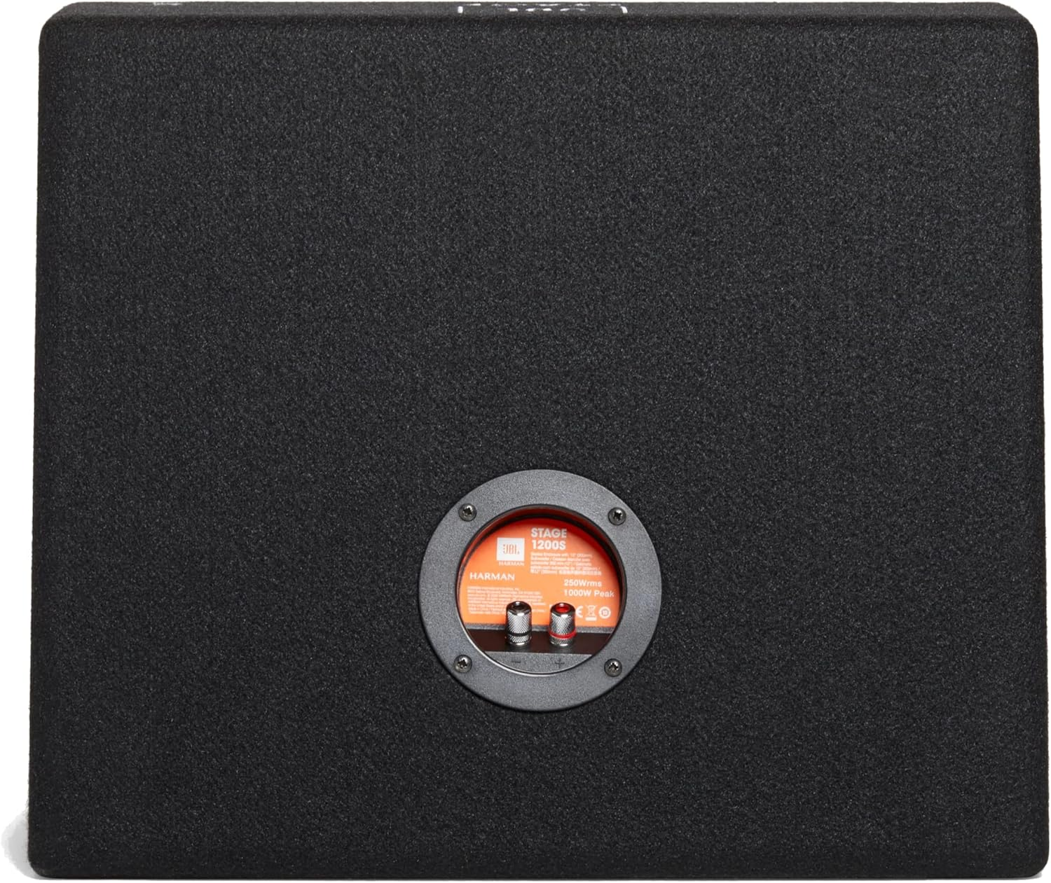 Ein Subwoofer-Lautsprecher mit schwarzer Oberfläche. Die Rückseite hat einen kreisförmigen Bereich mit Anschlüssen.