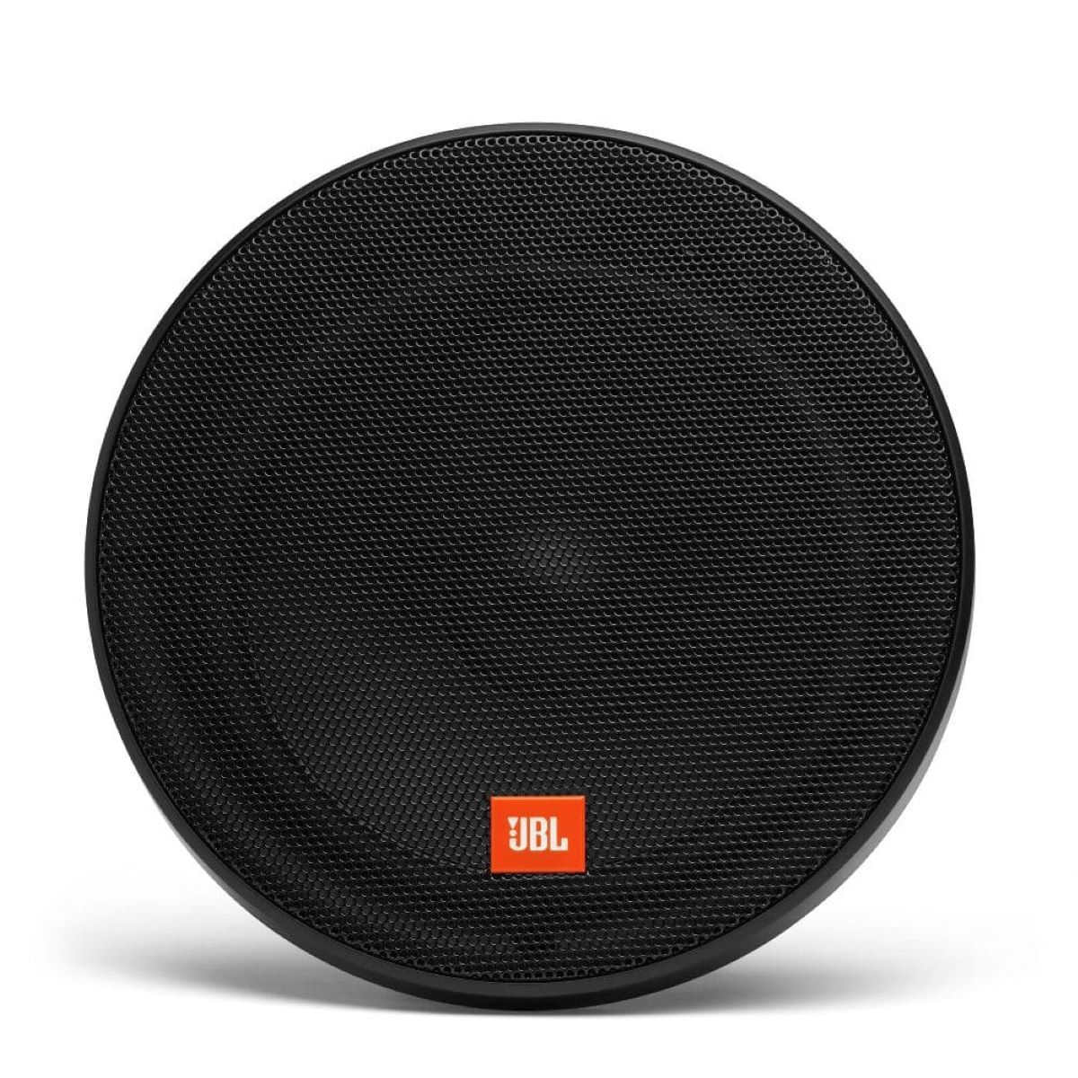 Schwarzer runder JBL-Lautsprecher auf weißem Hintergrund.