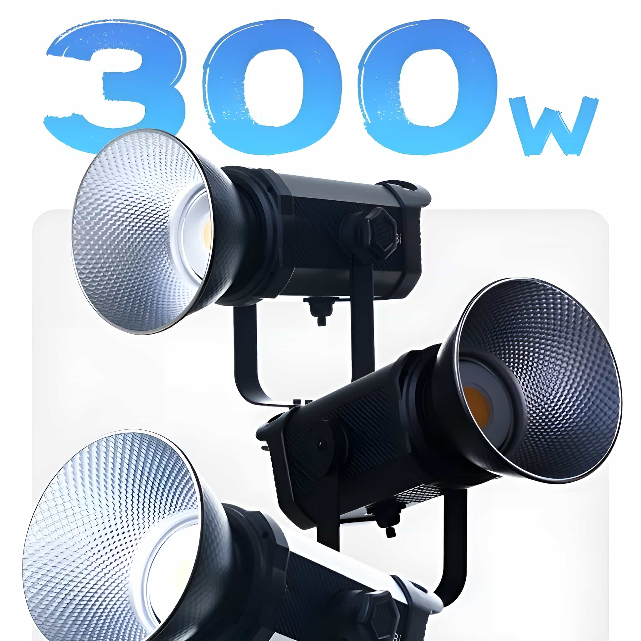 Drei schwarze Studiolampen mit fokussierter LED, 300 W Text im oberen Teil des Bildes.