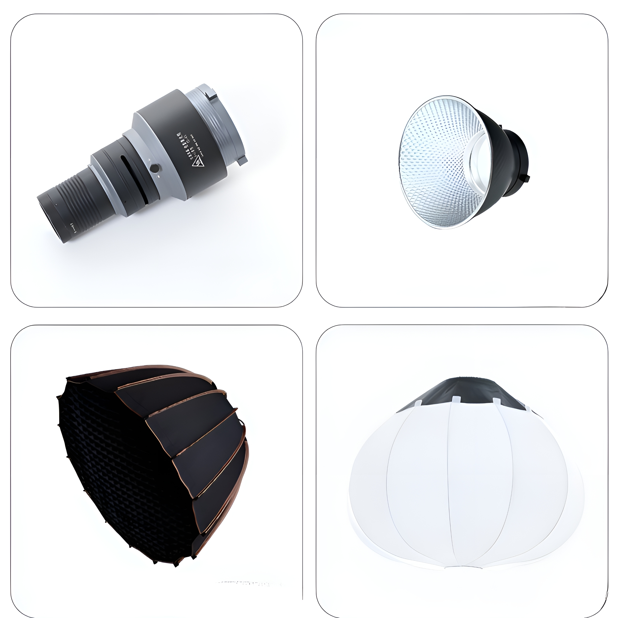 Vier Studio-Lichtzubehörteile: ein Objektivadapter, ein Reflektor, eine Softbox und ein Wabenraster.
