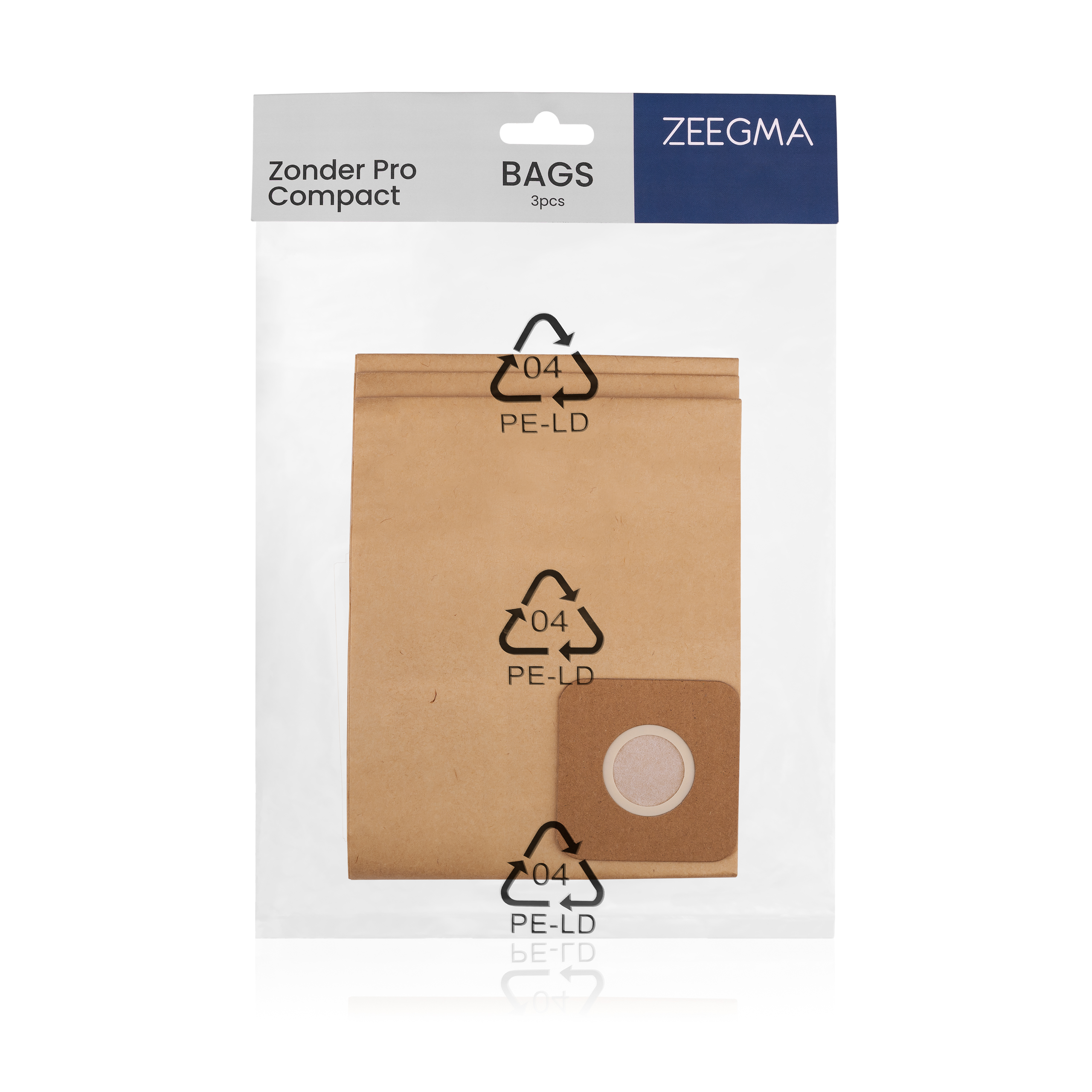 Brązowe opakowanie z papierowej torby z trzema symbolami recyklingu. Białe tło.